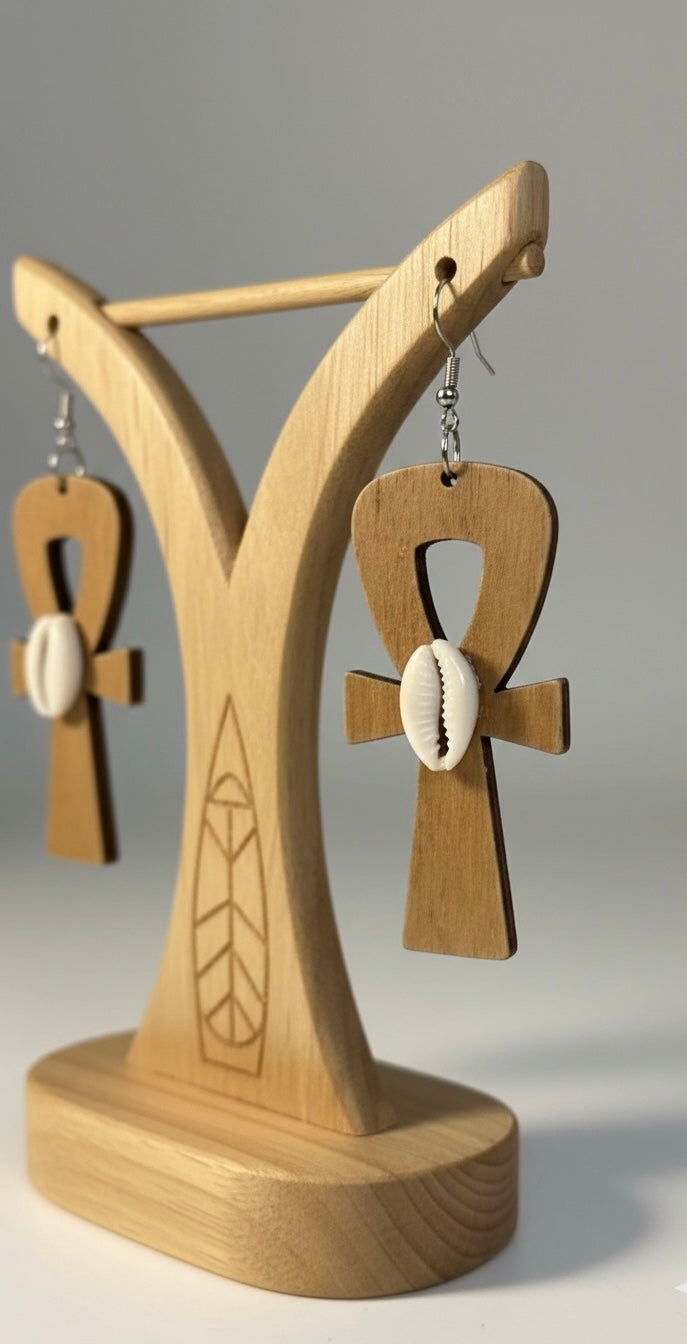Ankh Cowrie Shell Earrings – African Heritage Wooden Design