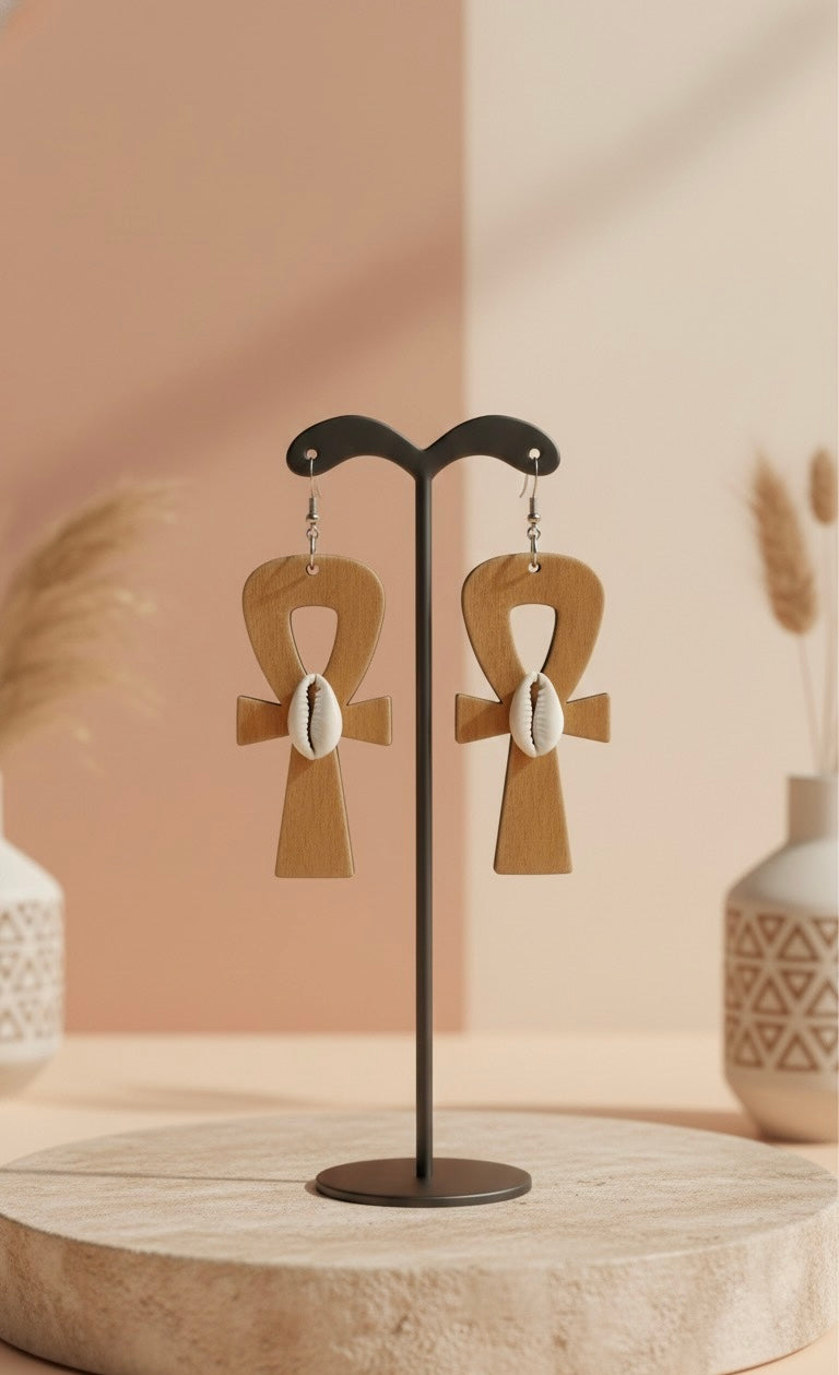 Ankh Cowrie Shell Earrings – African Heritage Wooden Design