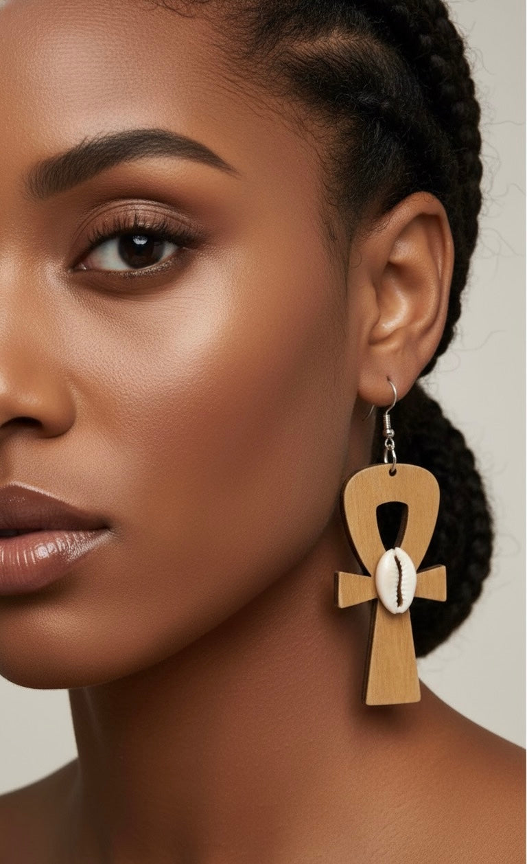 Ankh Cowrie Shell Earrings – African Heritage Wooden Design