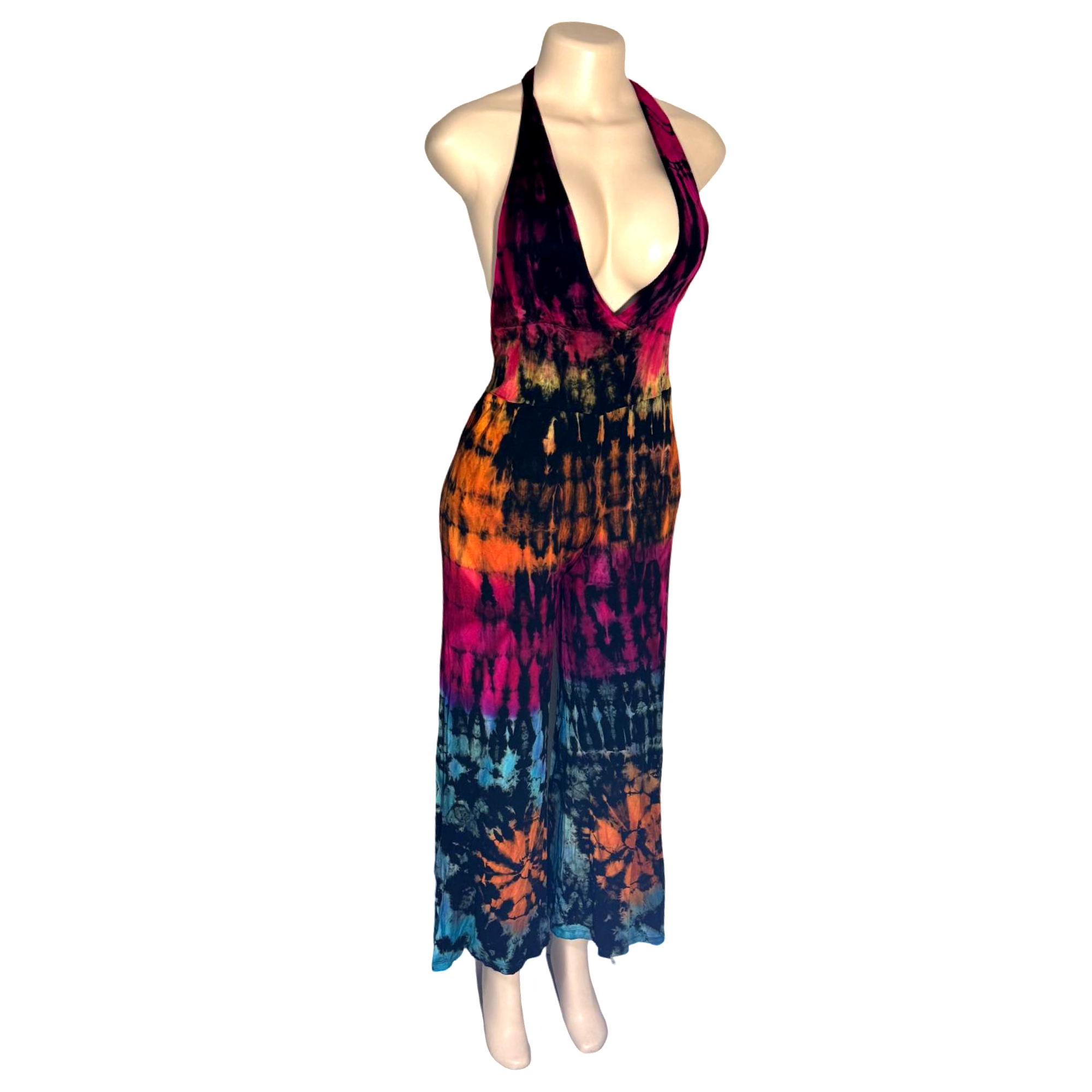 Jumpsuit - Tie Dye Jumper Deep V Halter / Black-Rainbow