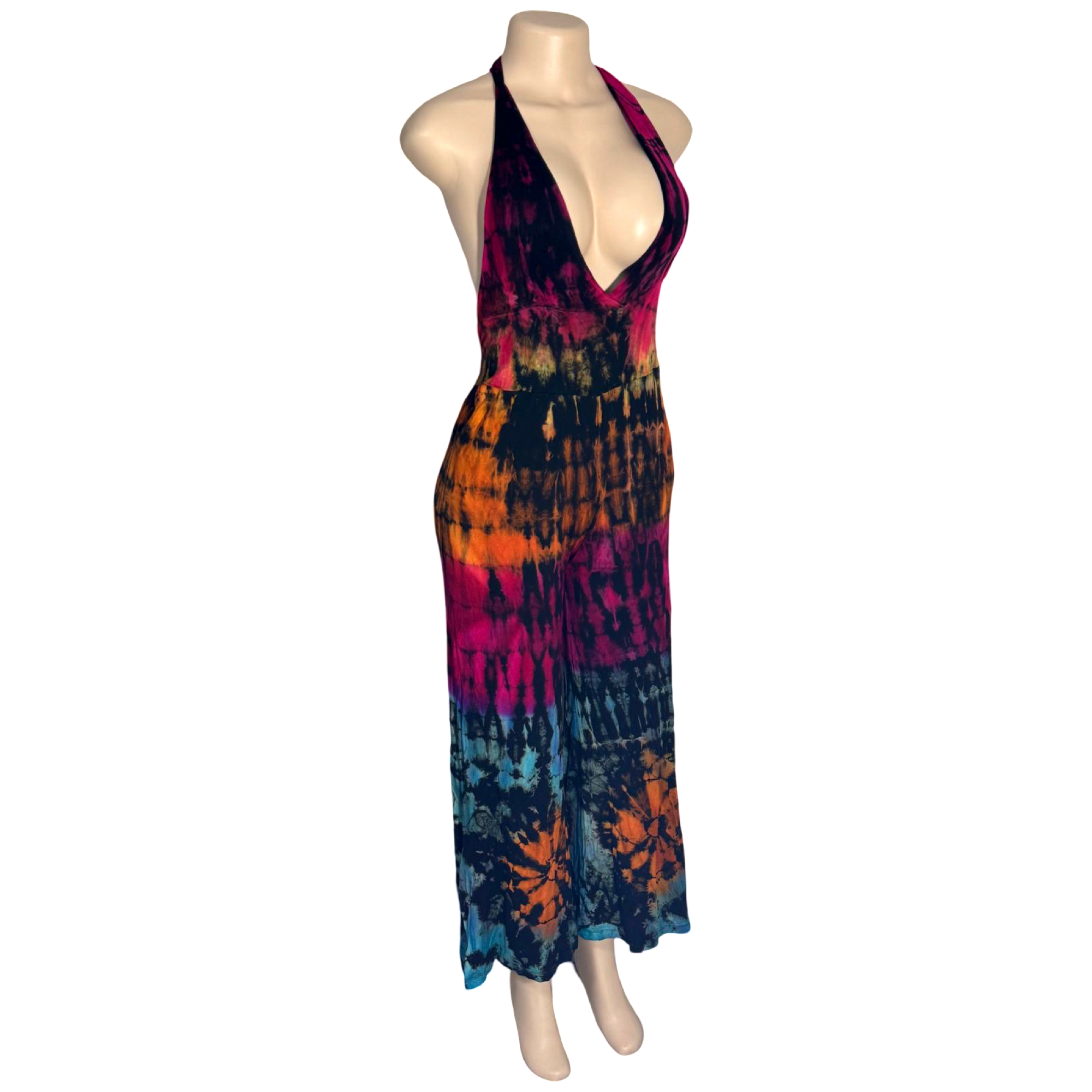 Jumpsuit - Tie Dye Jumper Deep V Halter / Black-Rainbow