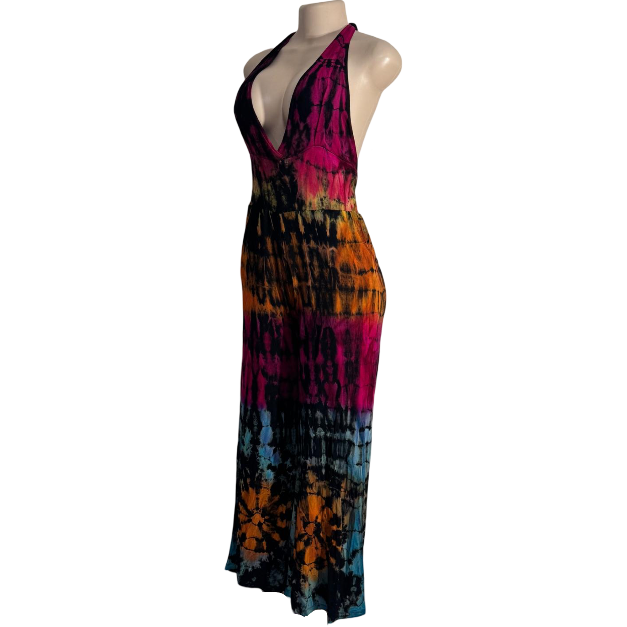 Jumpsuit - Tie Dye Jumper Deep V Halter / Black-Rainbow