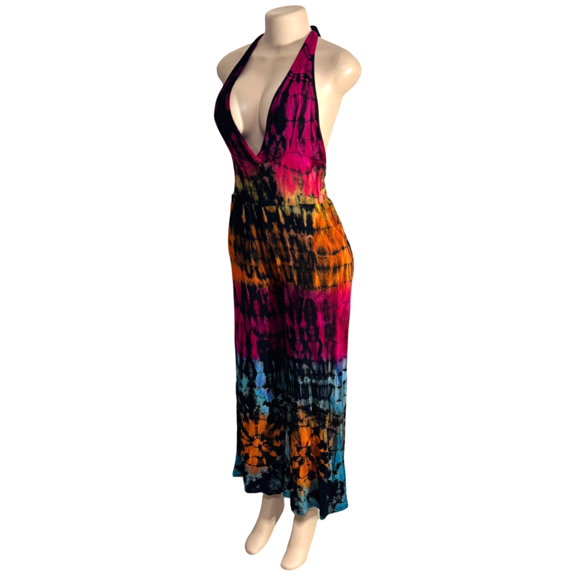 Jumpsuit - Tie Dye Jumper Deep V Halter / Black-Rainbow