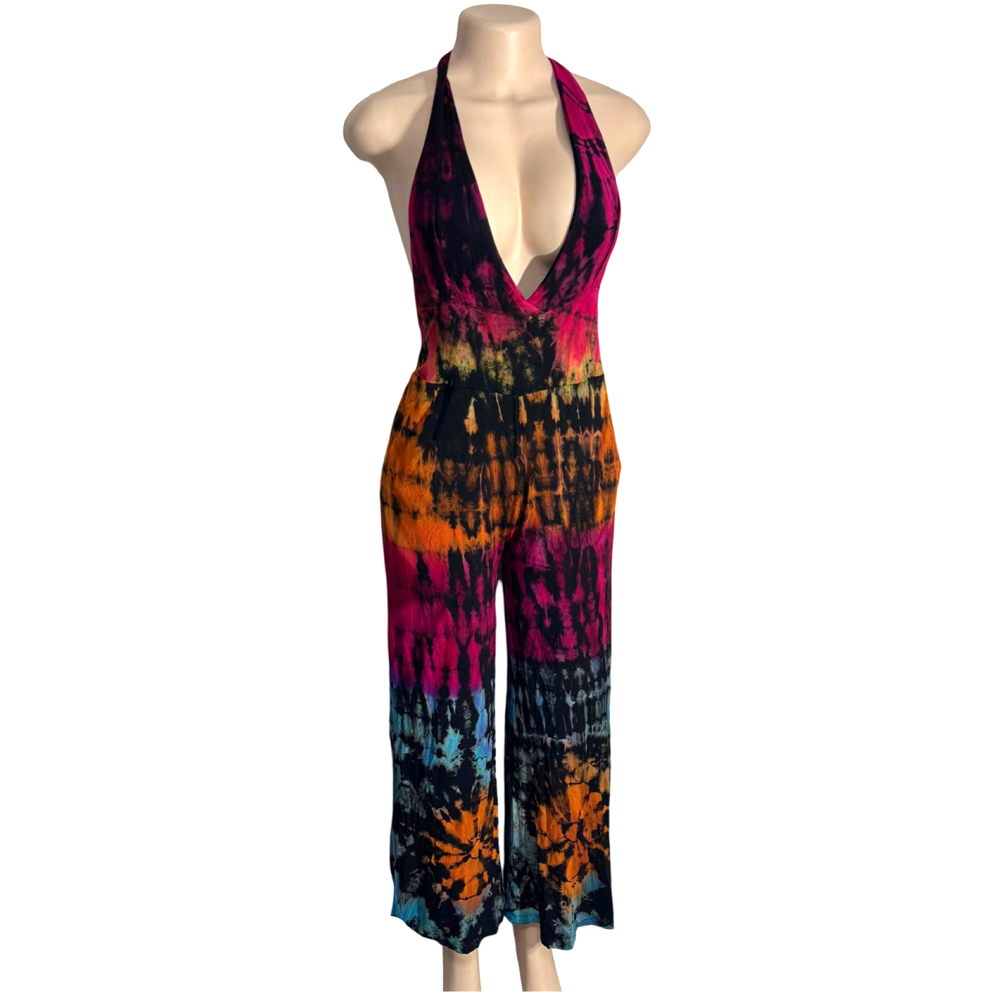 Jumpsuit - Tie Dye Jumper Deep V Halter / Black-Rainbow