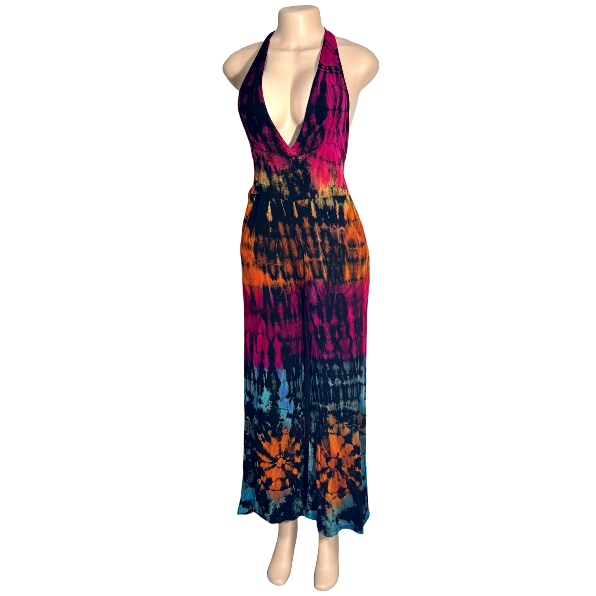 Jumpsuit - Tie Dye Jumper Deep V Halter / Black-Rainbow