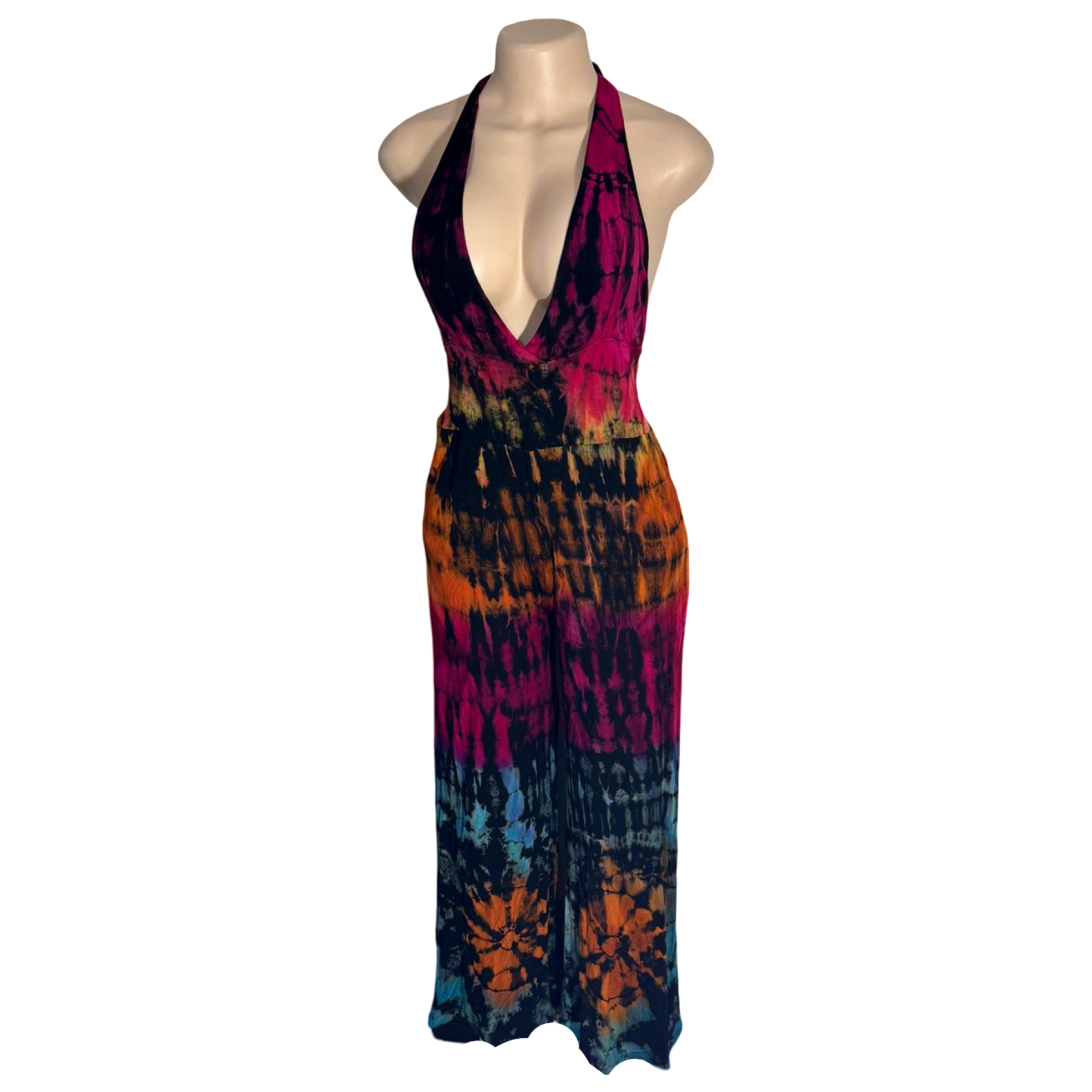 Jumpsuit - Tie Dye Jumper Deep V Halter / Black-Rainbow