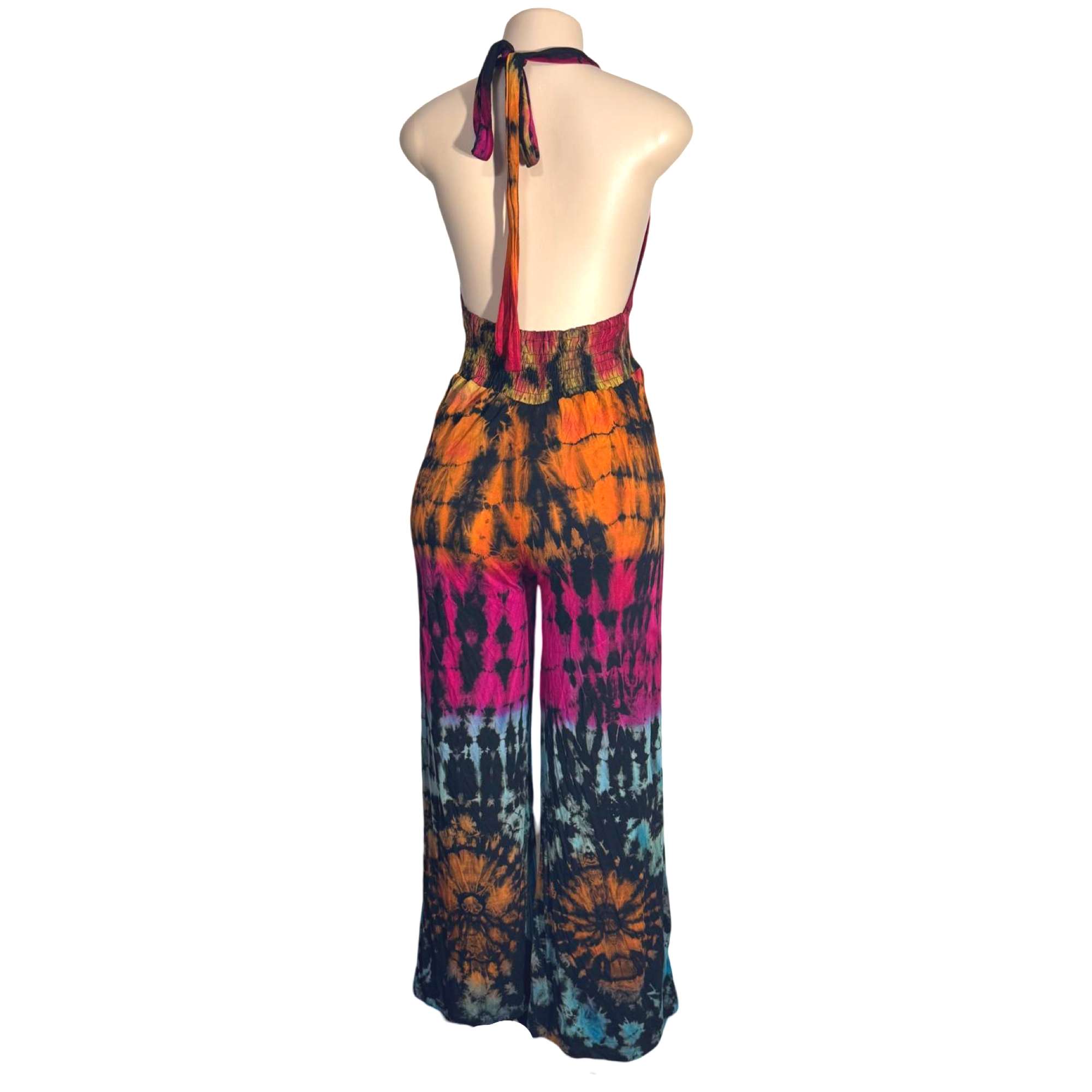 Jumpsuit - Tie Dye Jumper Deep V Halter / Black-Rainbow