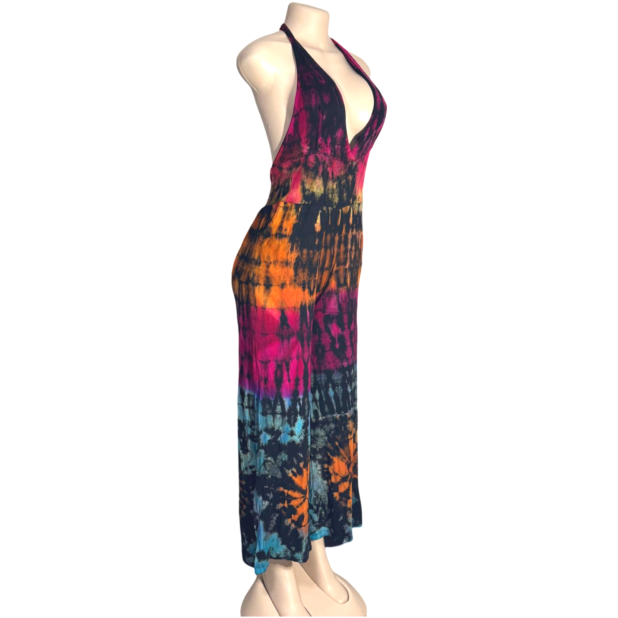 Jumpsuit - Tie Dye Jumper Deep V Halter / Black-Rainbow