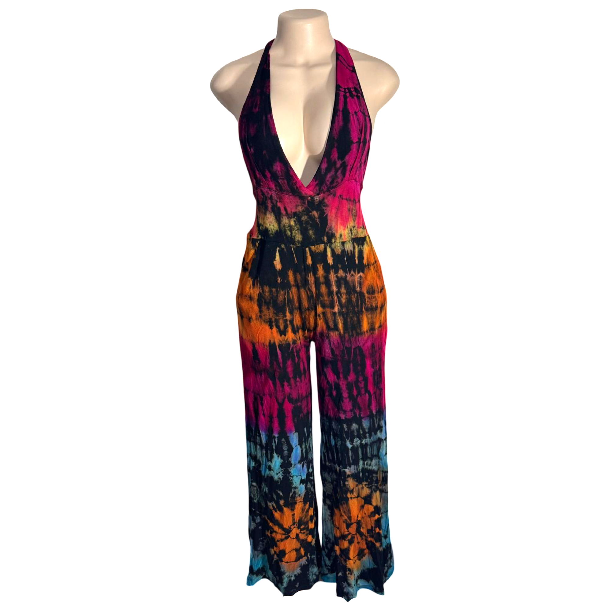 Jumpsuit - Tie Dye Jumper Deep V Halter / Black-Rainbow