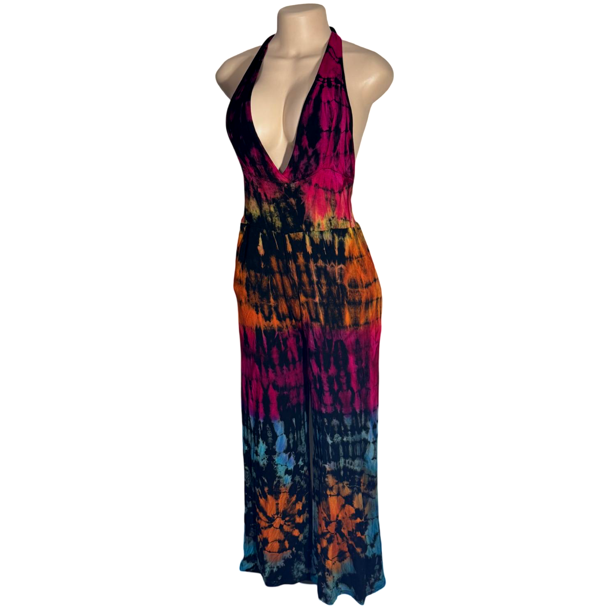 Jumpsuit - Tie Dye Jumper Deep V Halter / Black-Rainbow