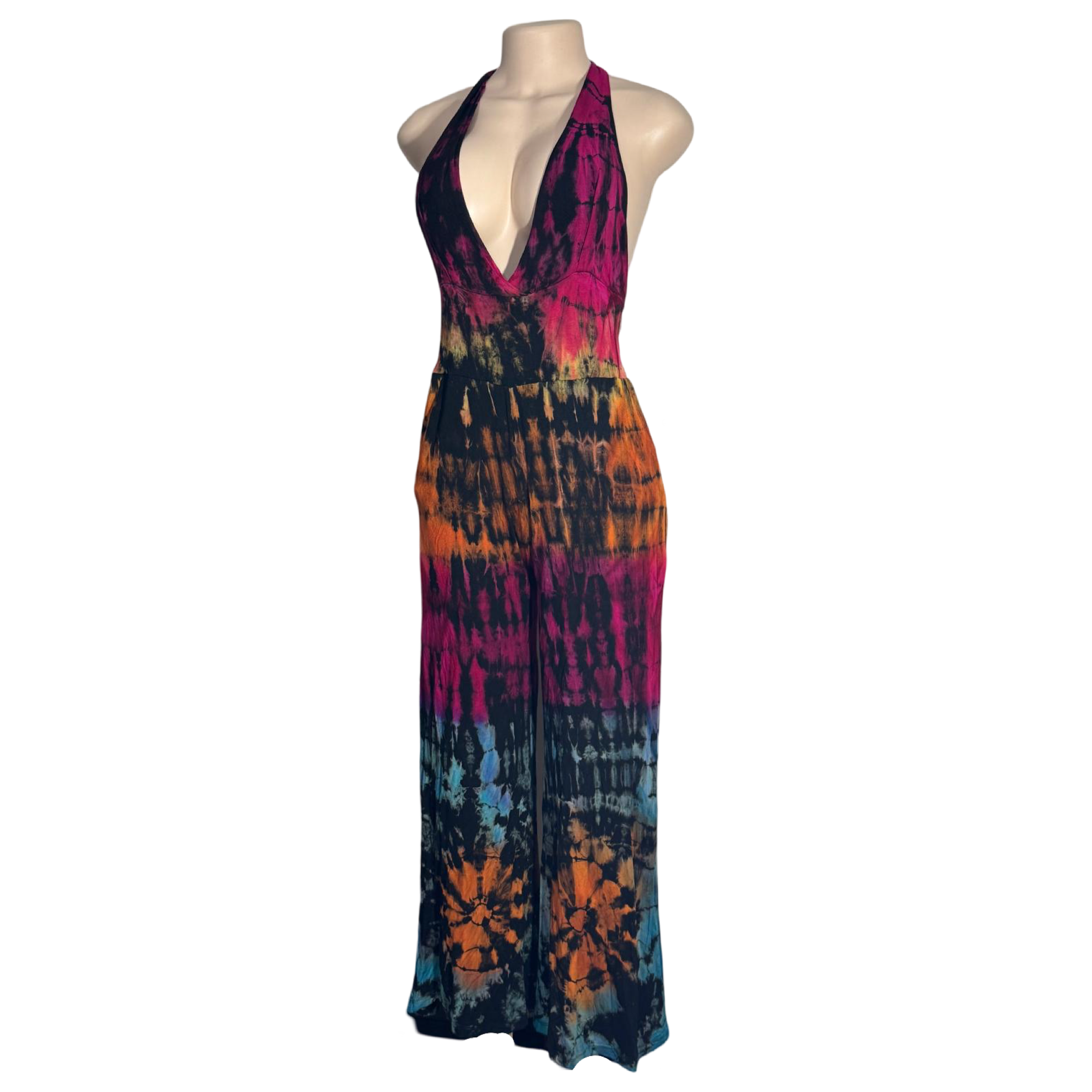 Jumpsuit - Tie Dye Jumper Deep V Halter / Black-Rainbow