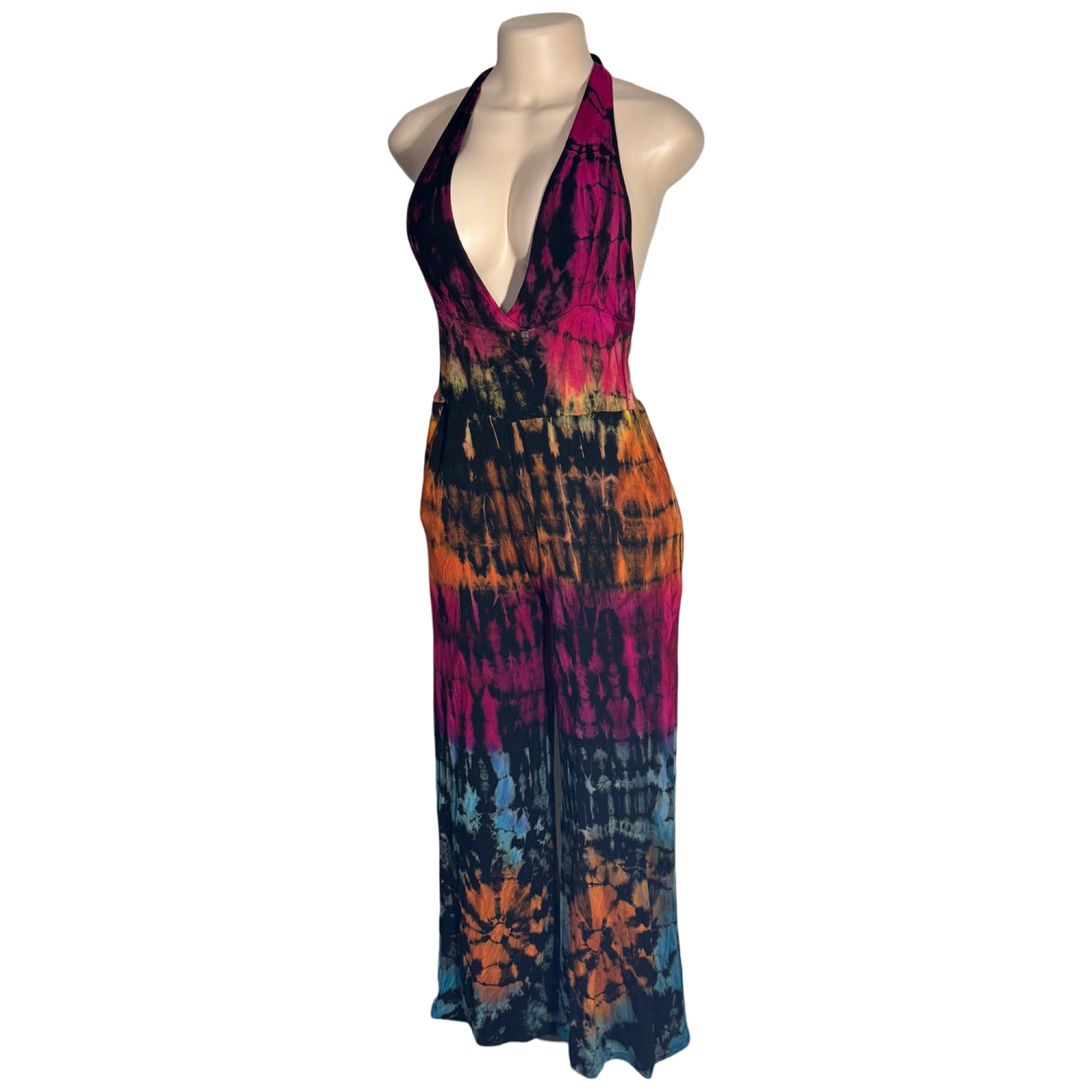 Jumpsuit - Tie Dye Jumper Deep V Halter / Black-Rainbow