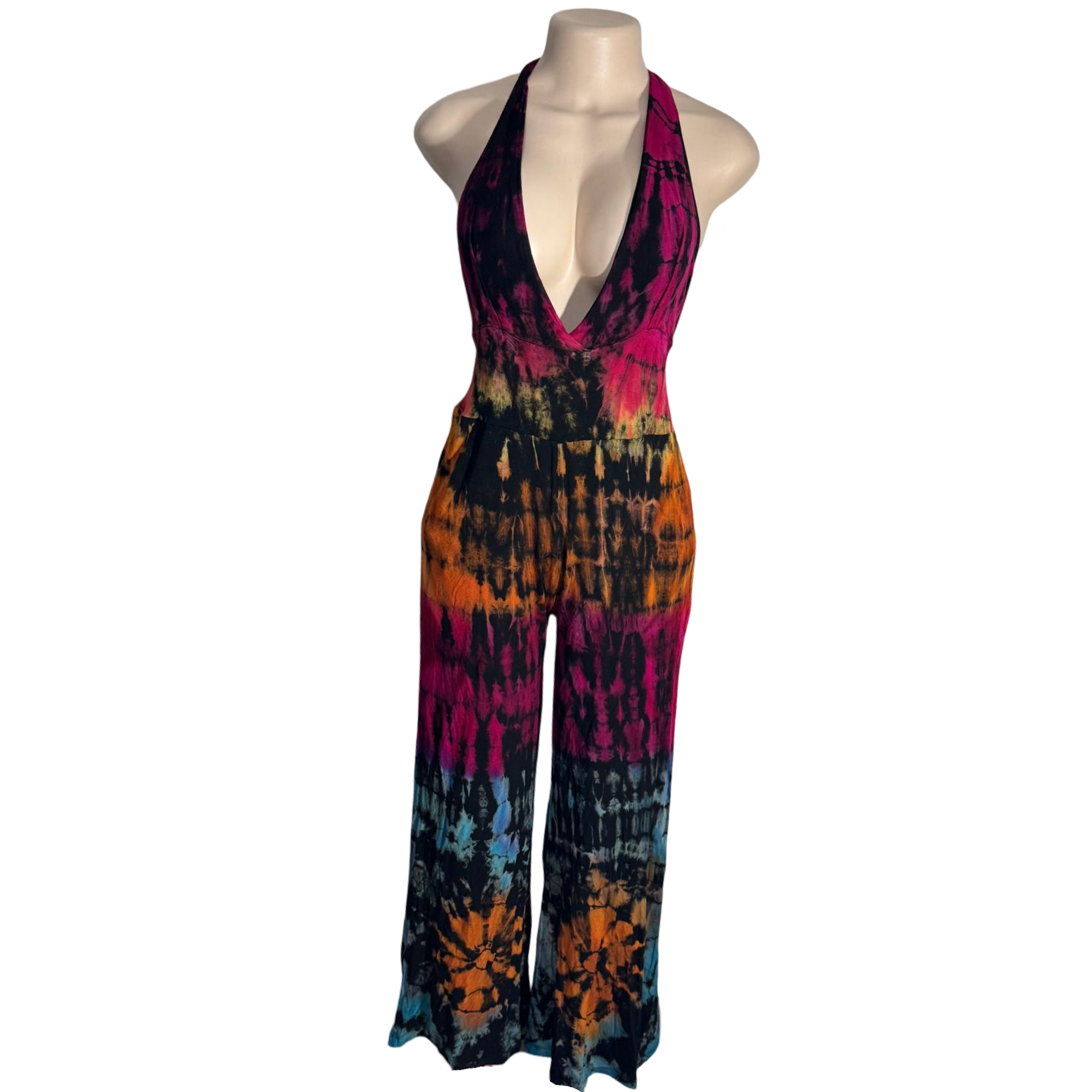 Jumpsuit - Tie Dye Jumper Deep V Halter / Black-Rainbow