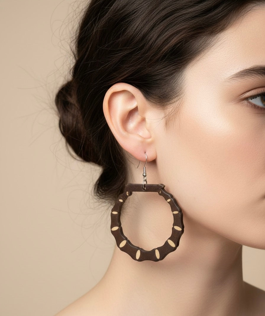 Handcrafted Dark Wood Statement Earrings with Natural Inlay