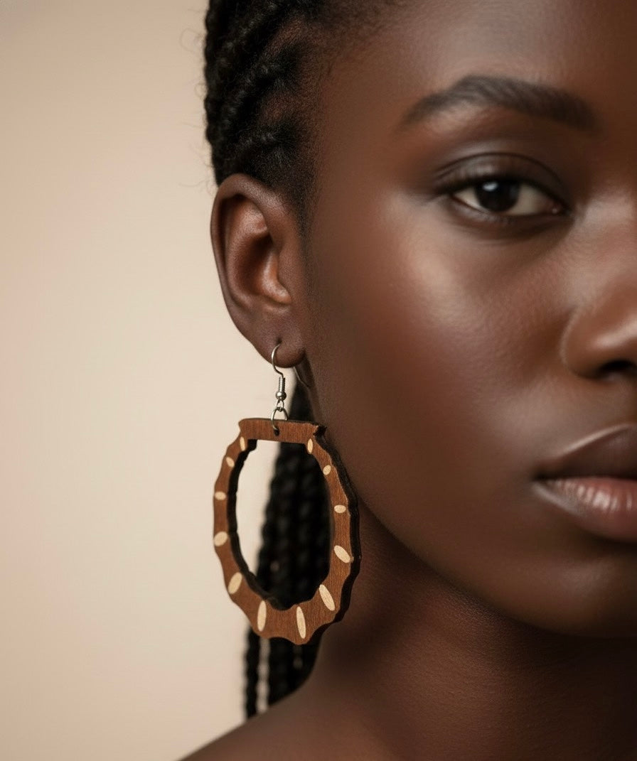 Handcrafted Dark Wood Statement Earrings with Natural Inlay