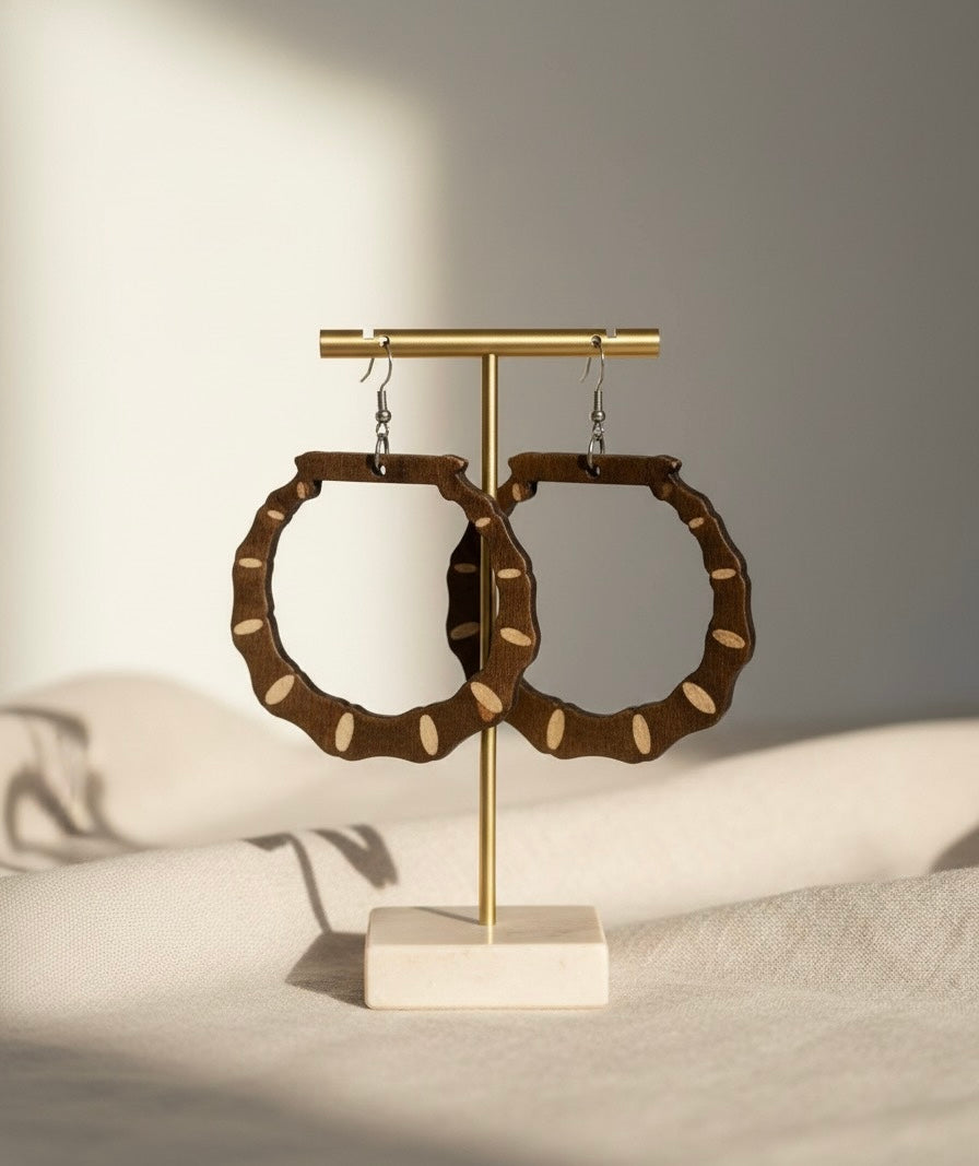 Handcrafted Dark Wood Statement Earrings with Natural Inlay