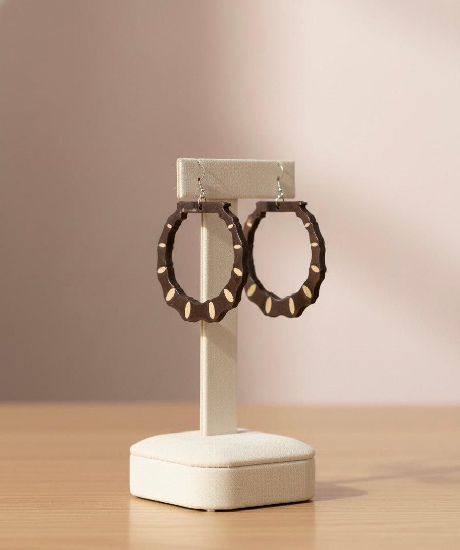 Handcrafted Dark Wood Statement Earrings with Natural Inlay