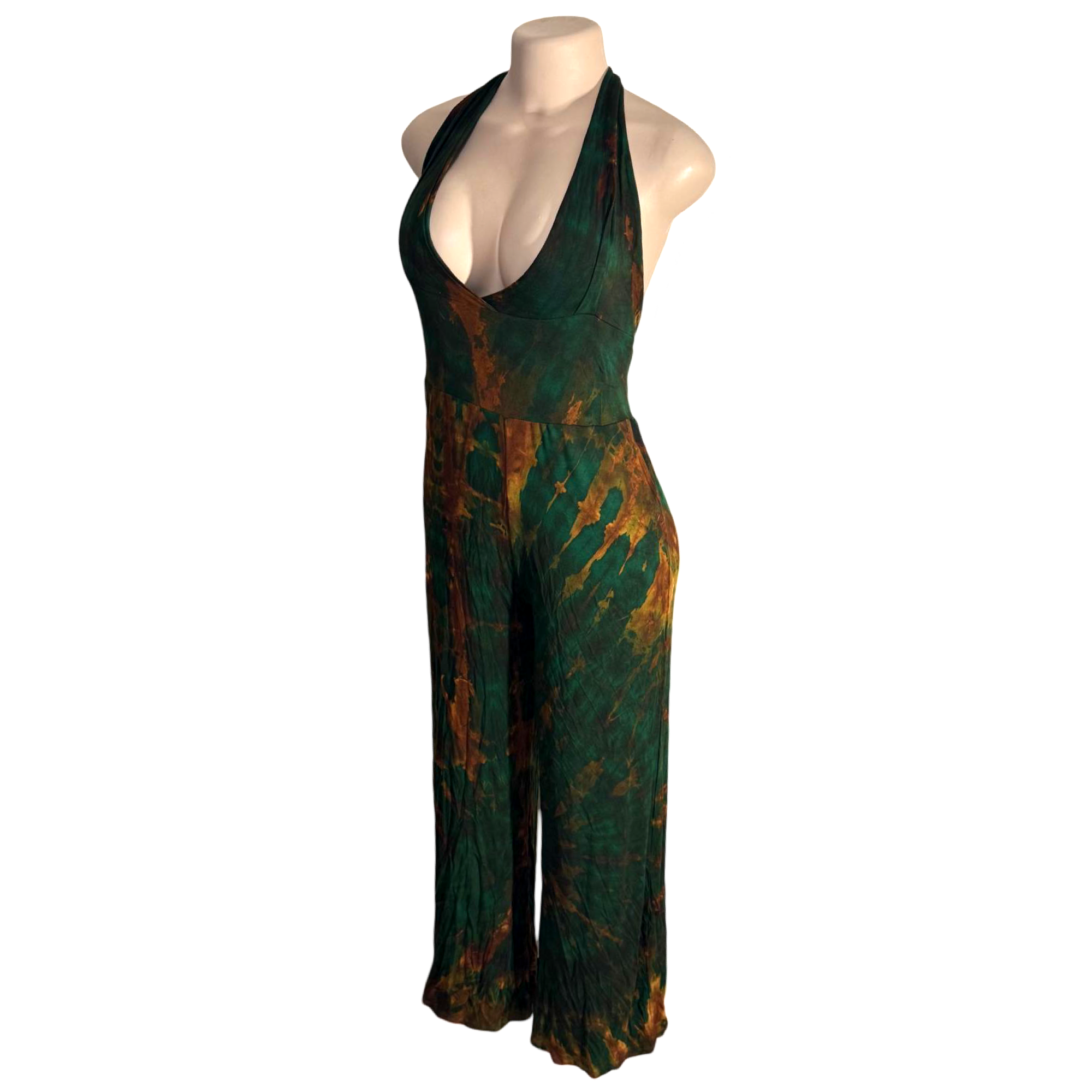 Jumpsuit - Tie Dye Jumper Deep V Halter / Green-Gold