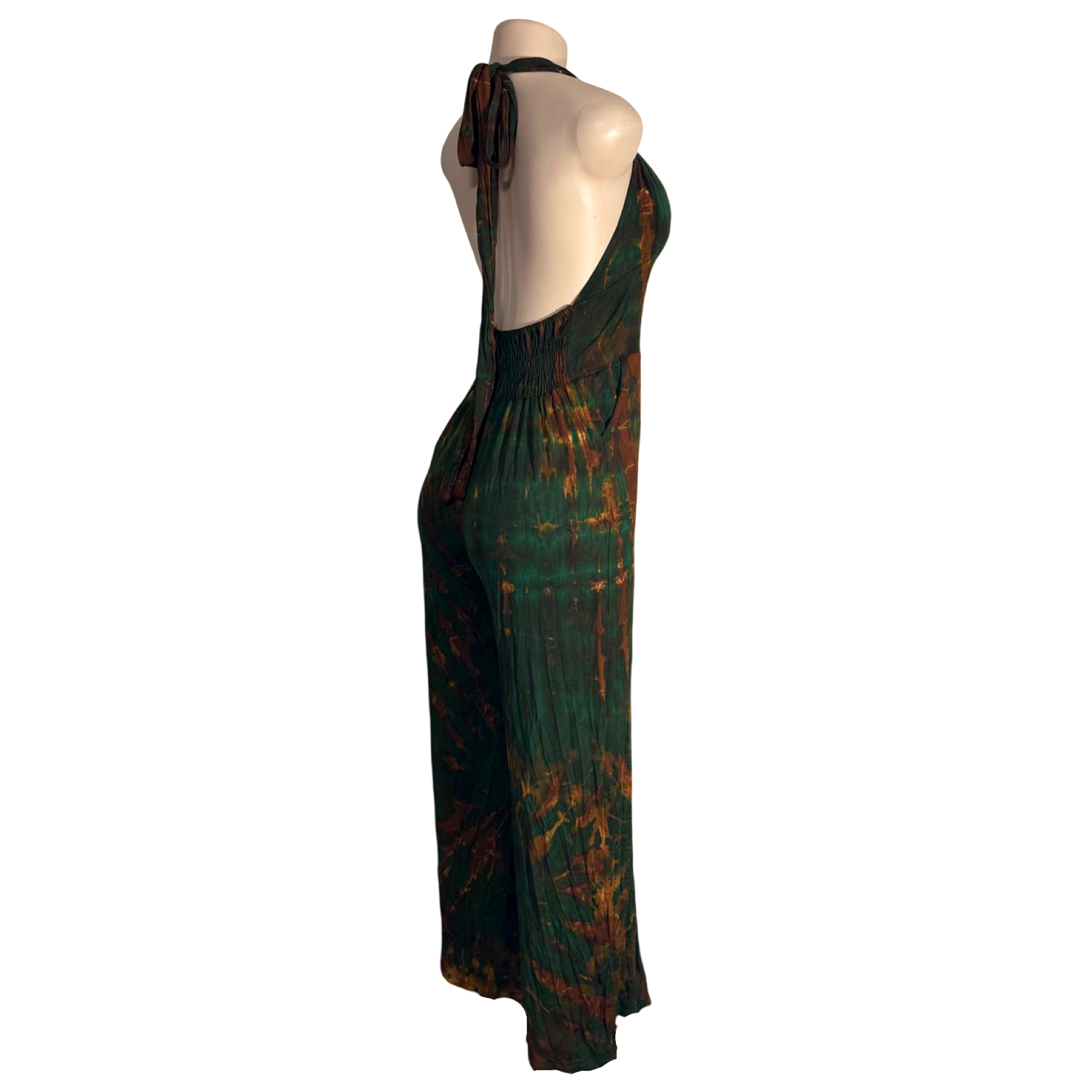 Jumpsuit - Tie Dye Jumper Deep V Halter / Green-Gold