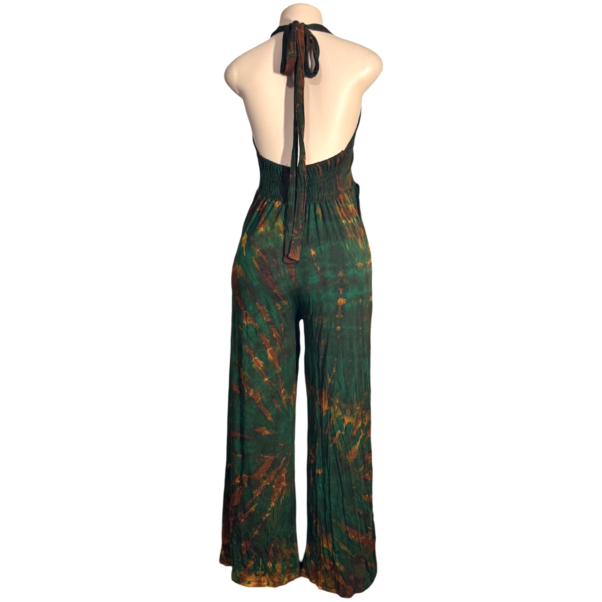 Jumpsuit - Tie Dye Jumper Deep V Halter / Green-Gold