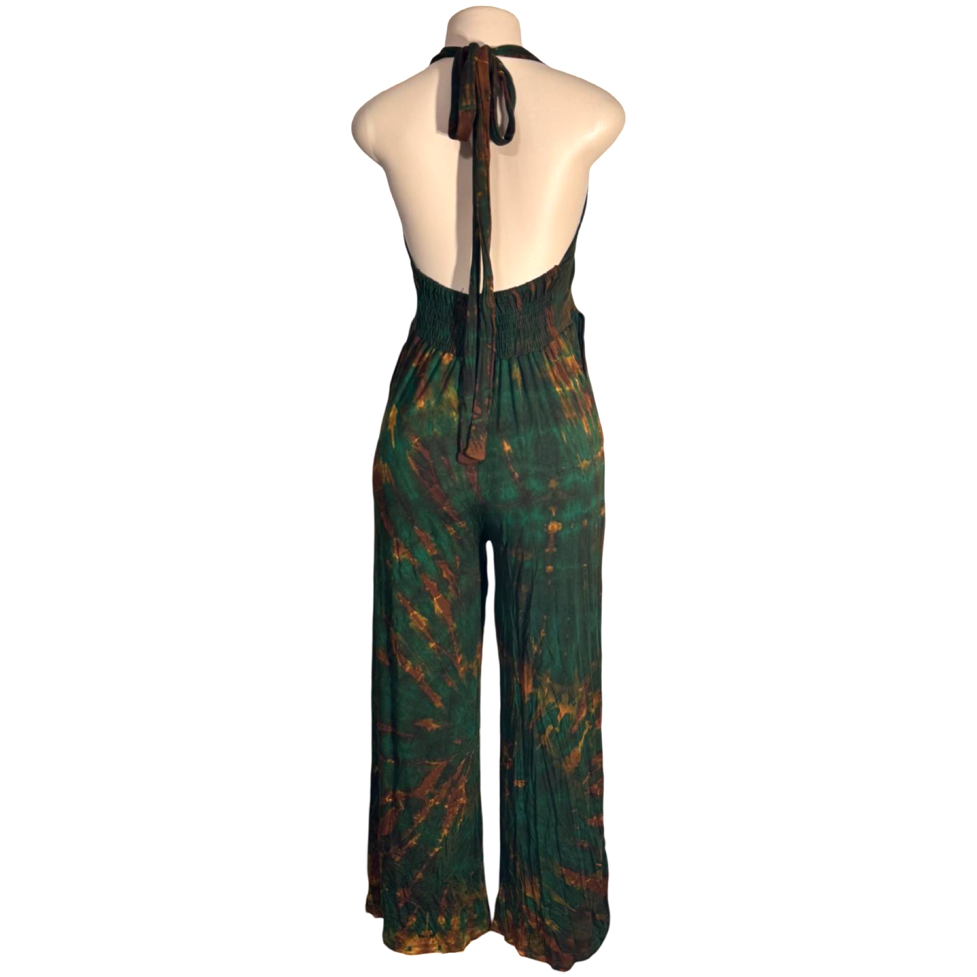 Jumpsuit - Tie Dye Jumper Deep V Halter / Green-Gold