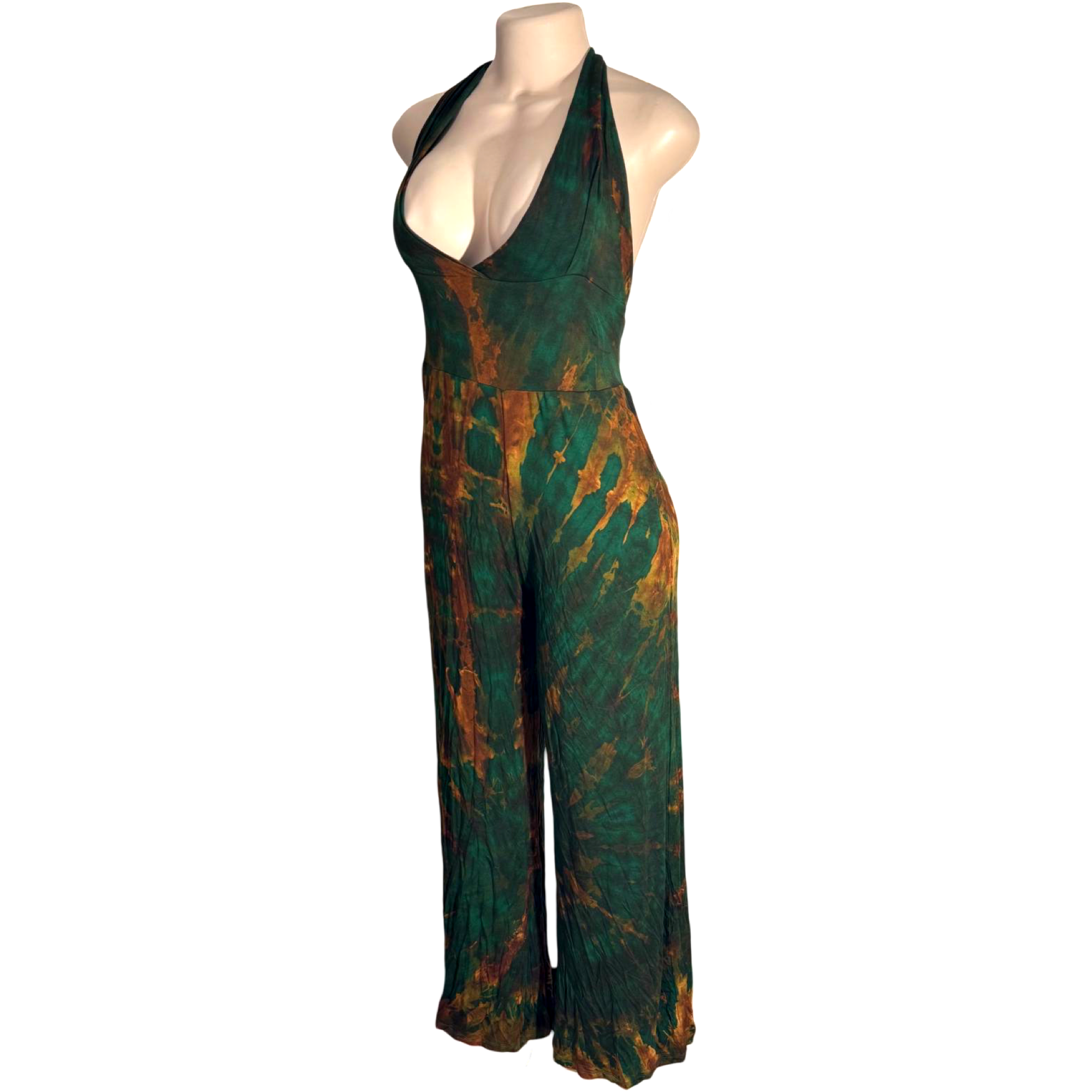 Jumpsuit - Tie Dye Jumper Deep V Halter / Green-Gold