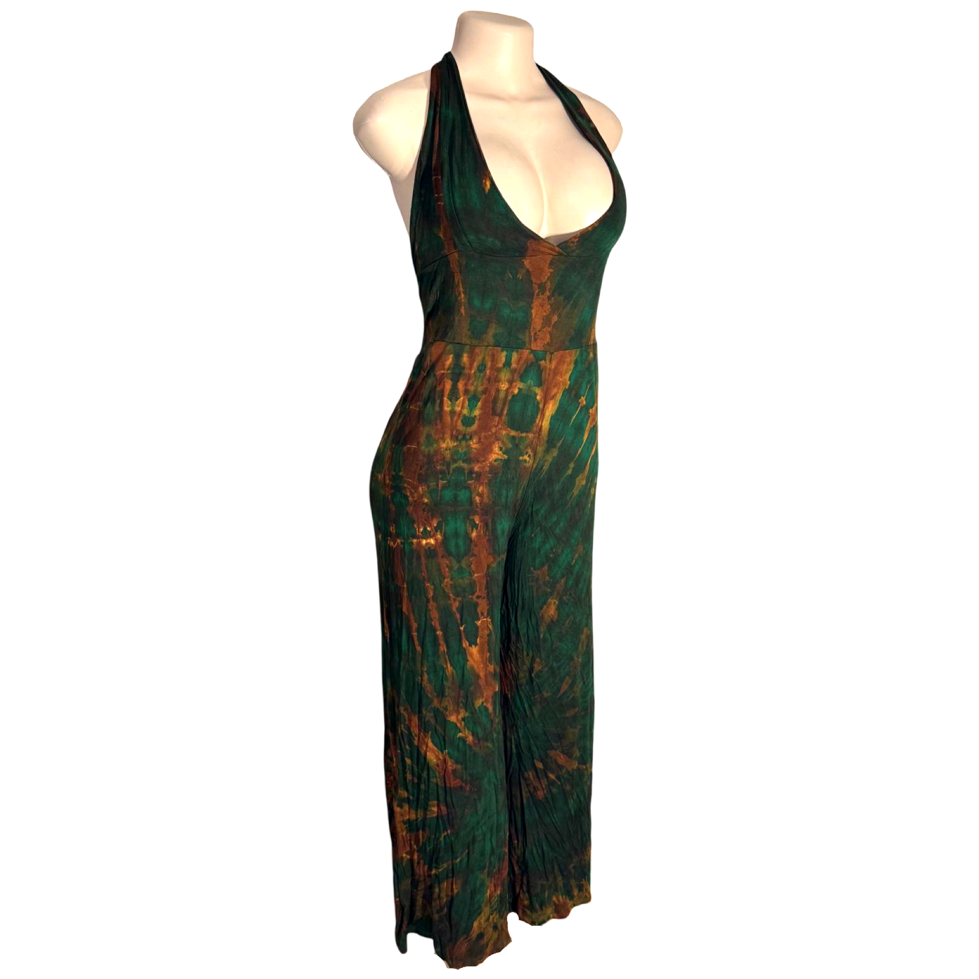 Jumpsuit - Tie Dye Jumper Deep V Halter / Green-Gold