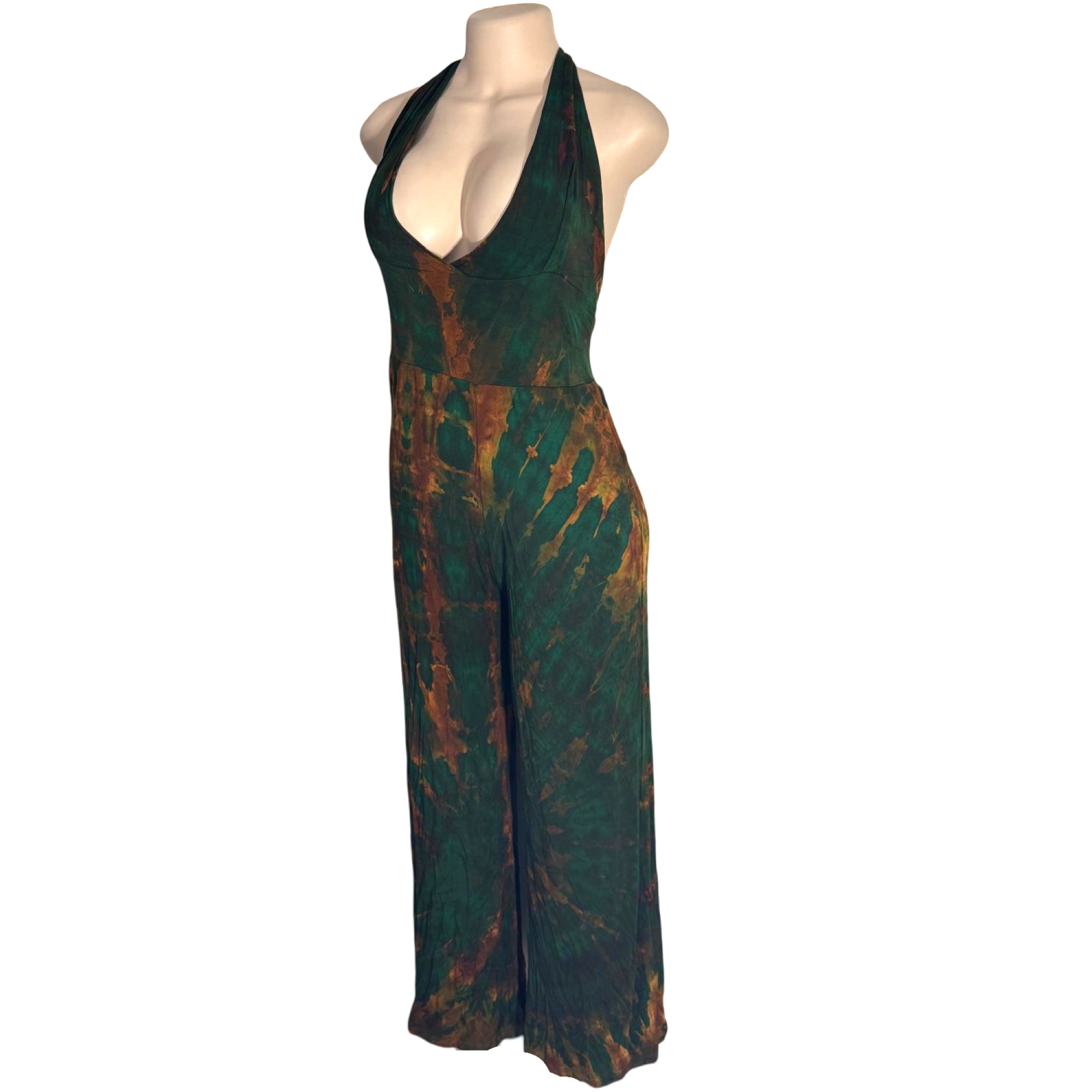 Jumpsuit - Tie Dye Jumper Deep V Halter / Green-Gold