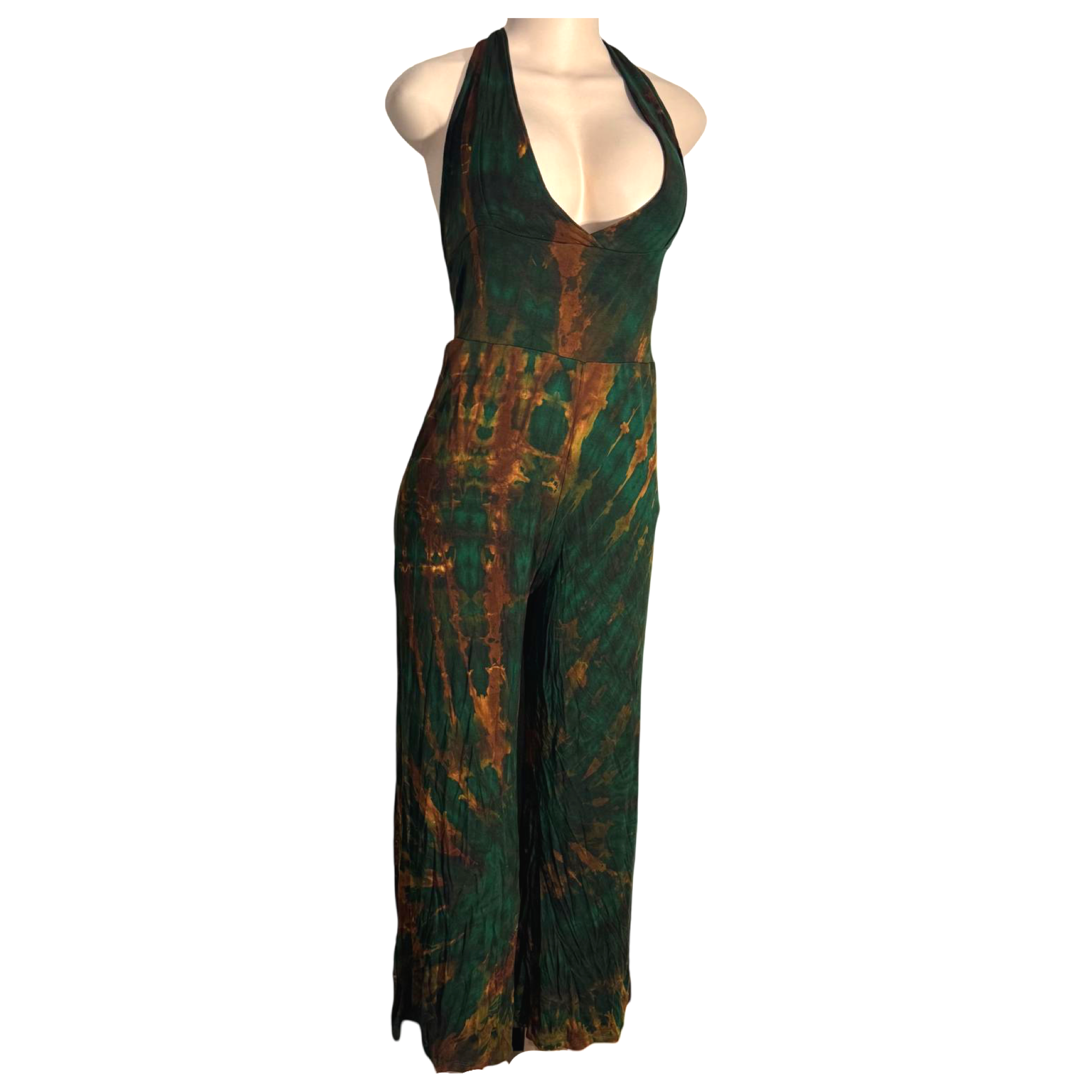 Jumpsuit - Tie Dye Jumper Deep V Halter / Green-Gold