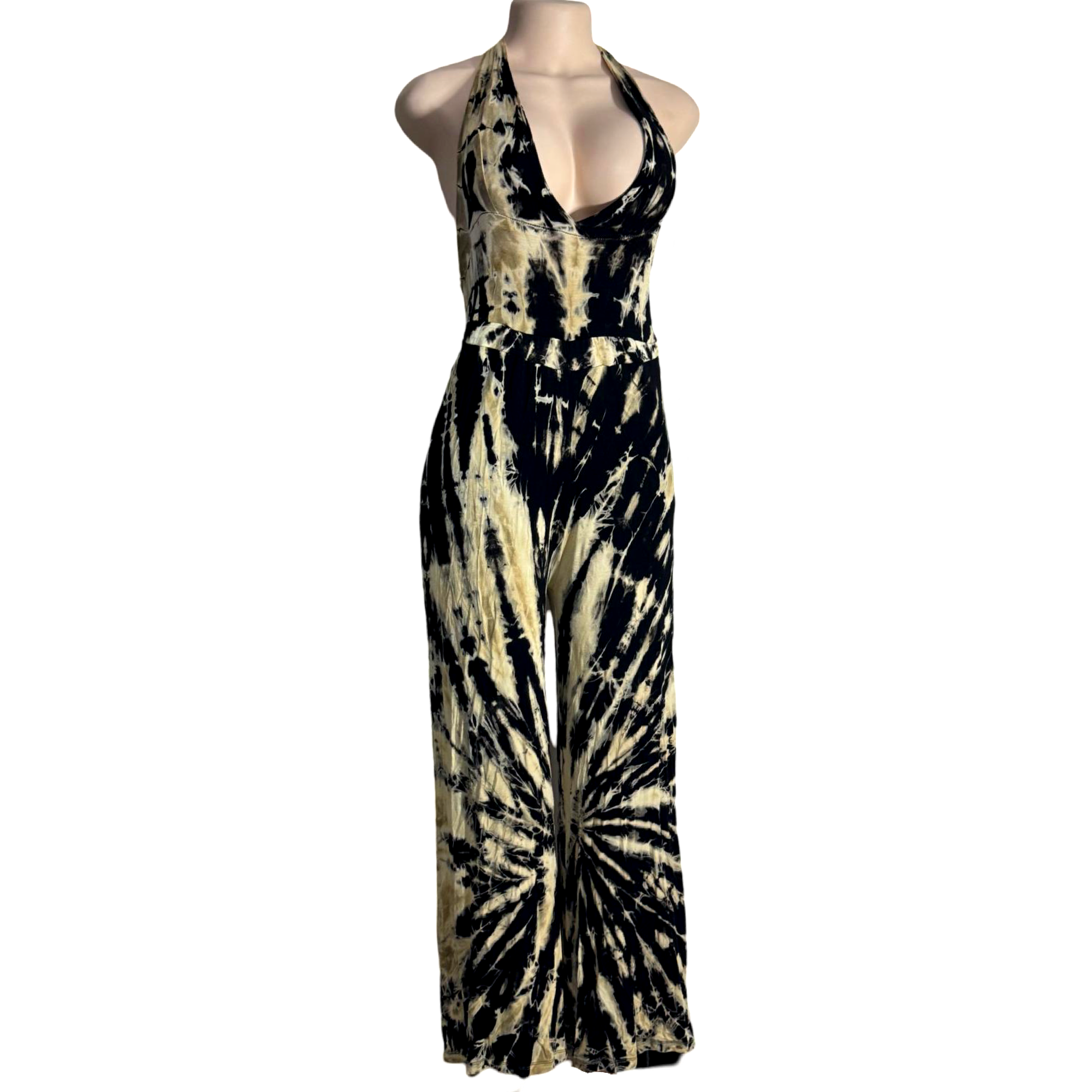 Jumpsuit - Tie Dye Jumper Deep V Halter / Black-White