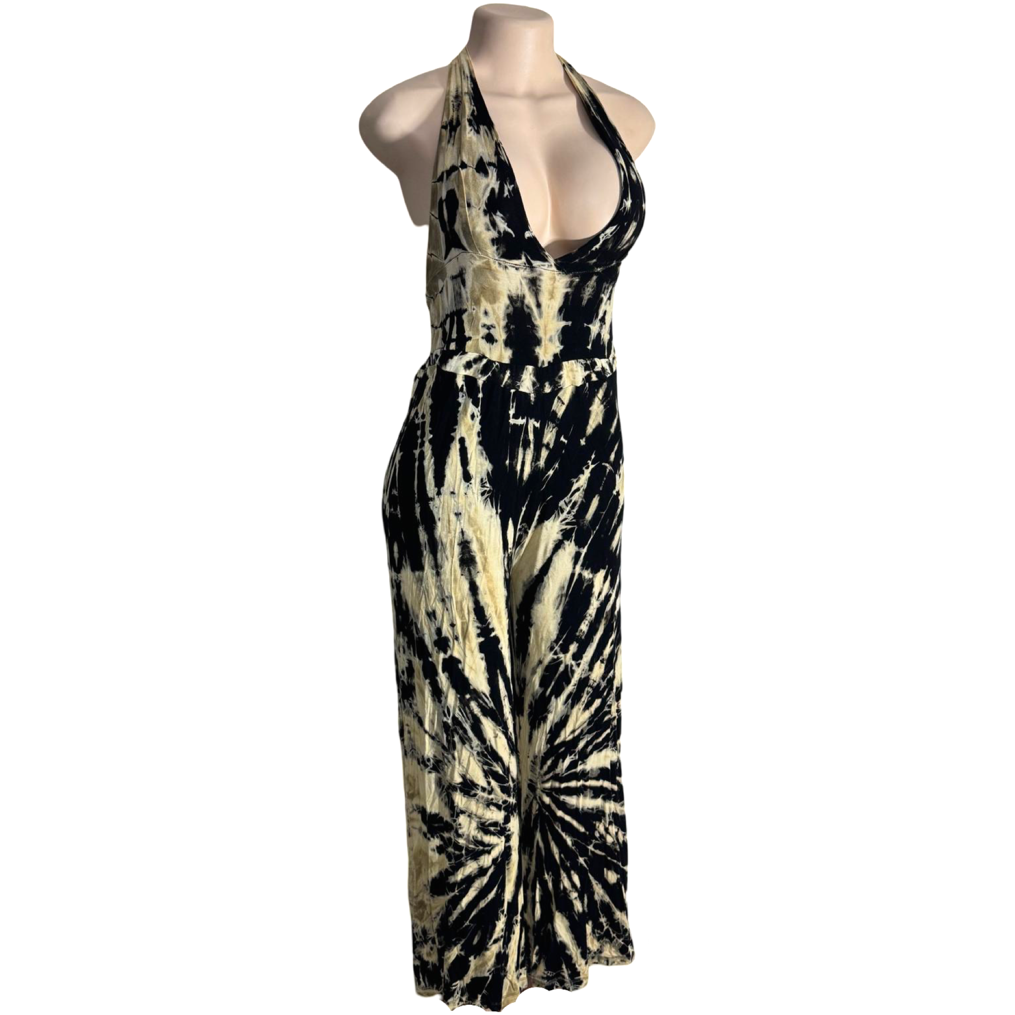 Jumpsuit - Tie Dye Jumper Deep V Halter / Black-White