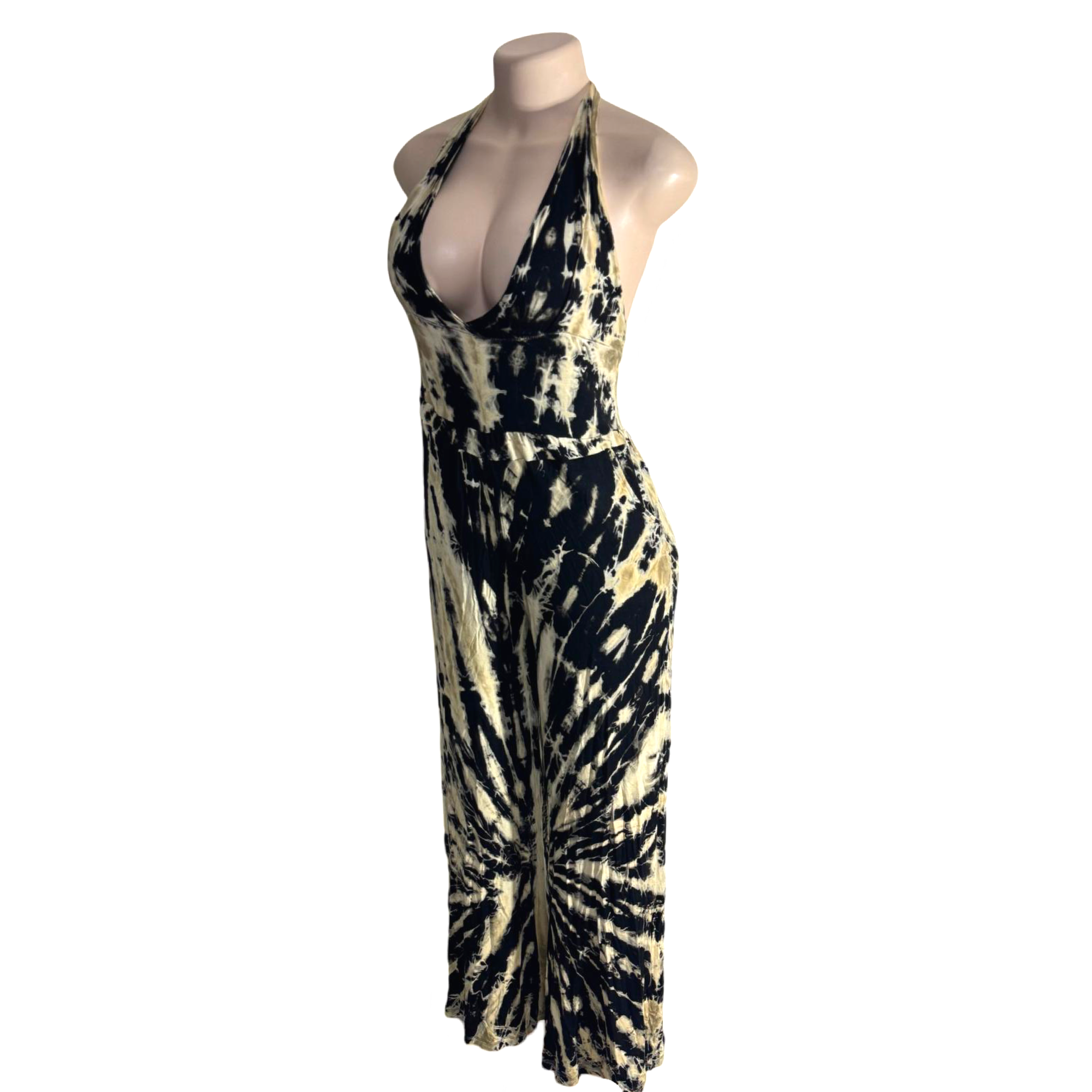 Jumpsuit - Tie Dye Jumper Deep V Halter / Black-White