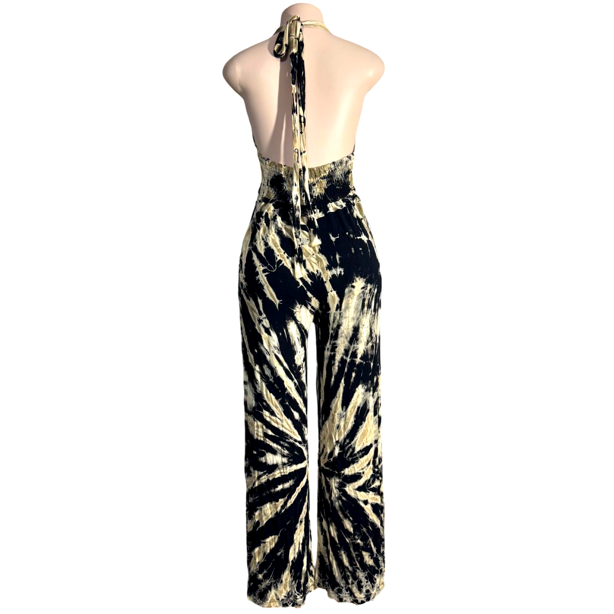 Jumpsuit - Tie Dye Jumper Deep V Halter / Black-White