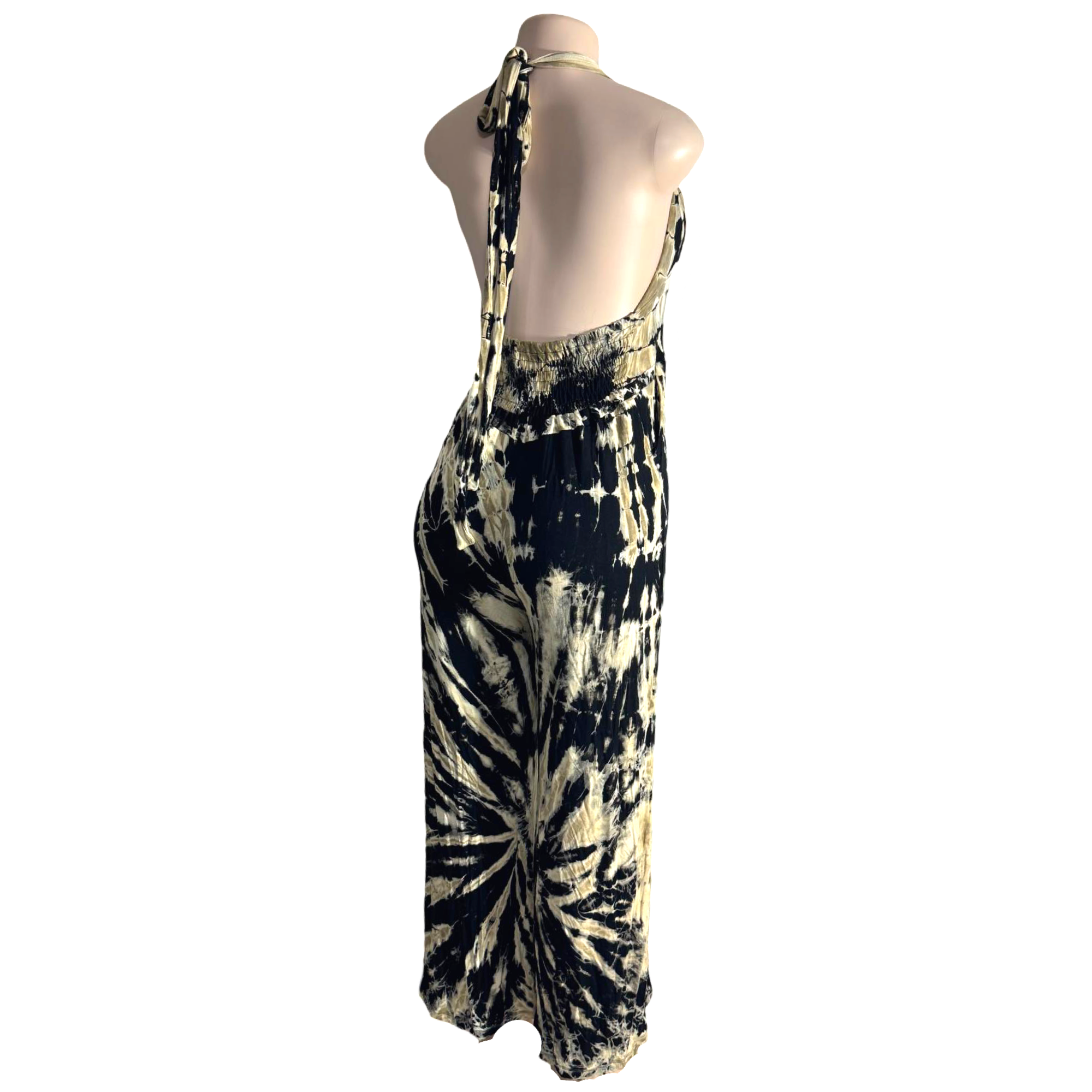 Jumpsuit - Tie Dye Jumper Deep V Halter / Black-White