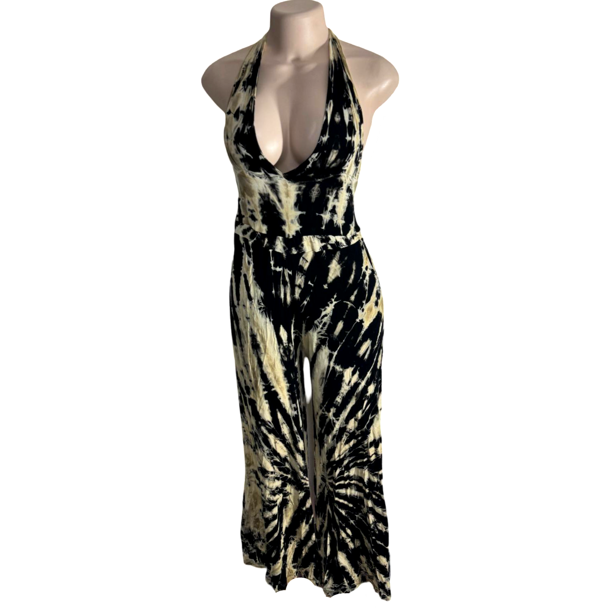 Jumpsuit - Tie Dye Jumper Deep V Halter / Black-White