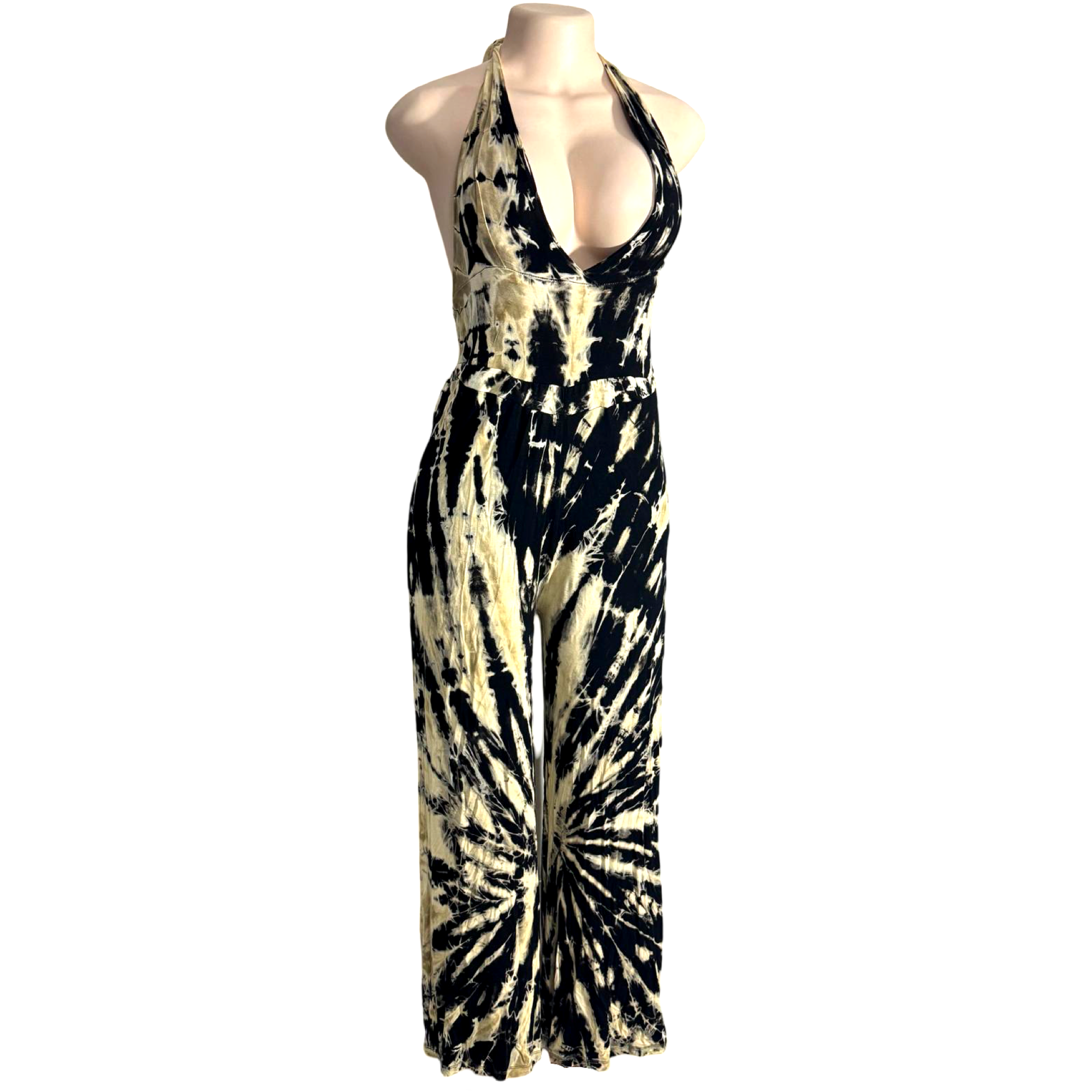 Jumpsuit - Tie Dye Jumper Deep V Halter / Black-White