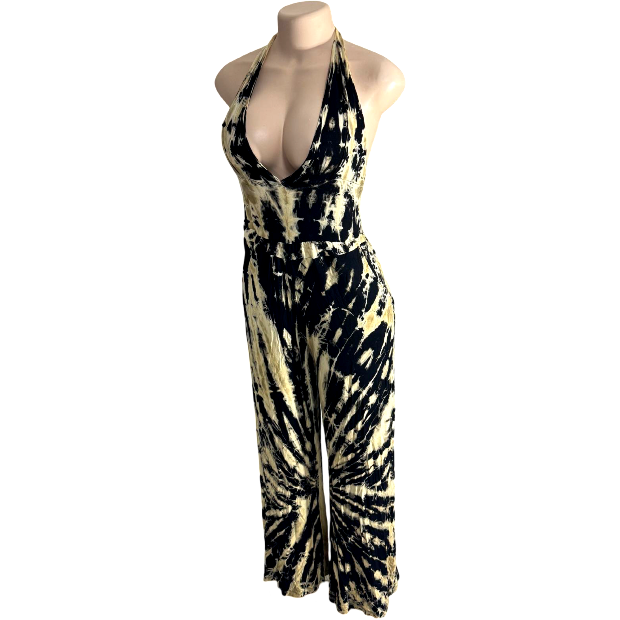 Jumpsuit - Tie Dye Jumper Deep V Halter / Black-White