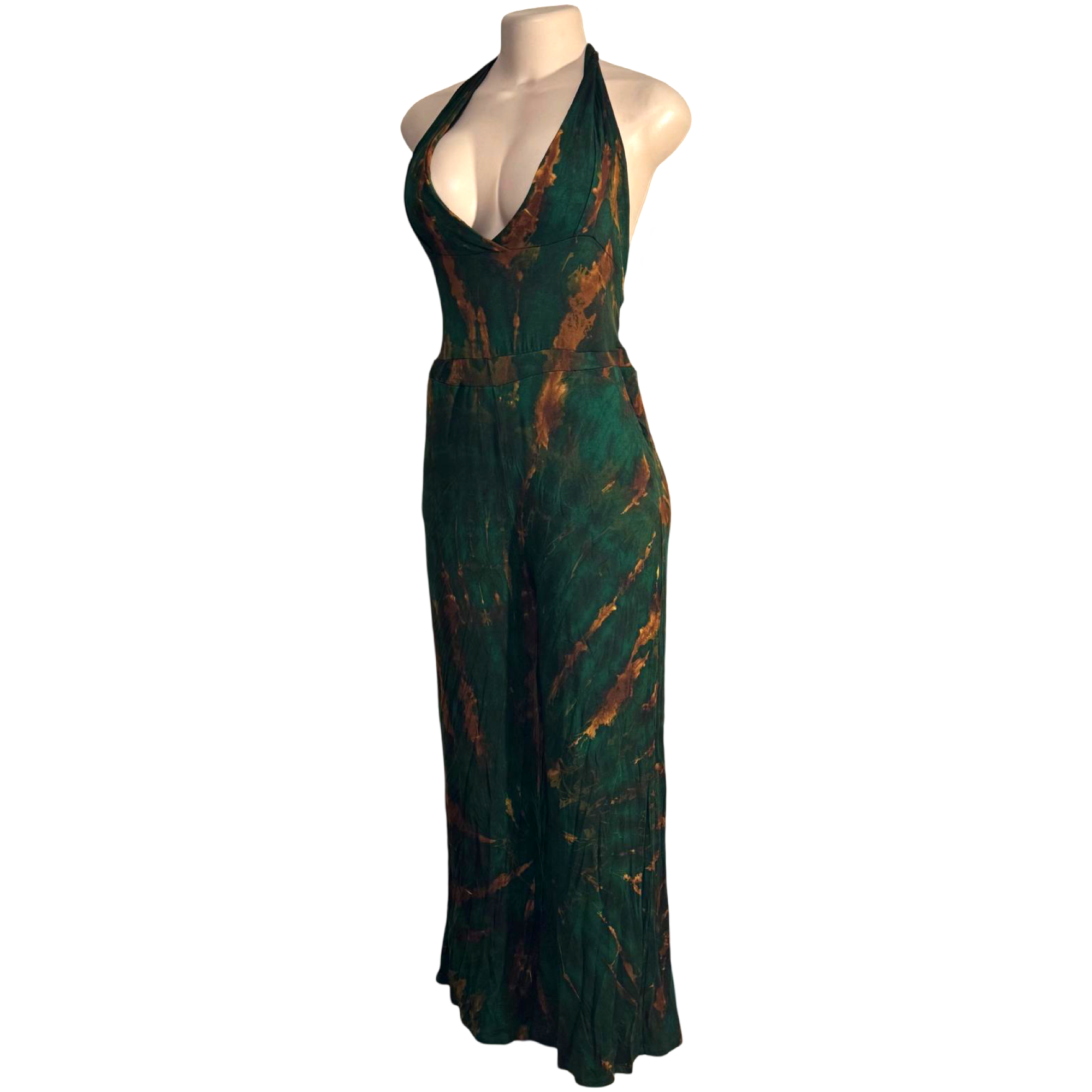 Jumpsuit - Tie Dye Jumper Deep V Halter / Green-Gold