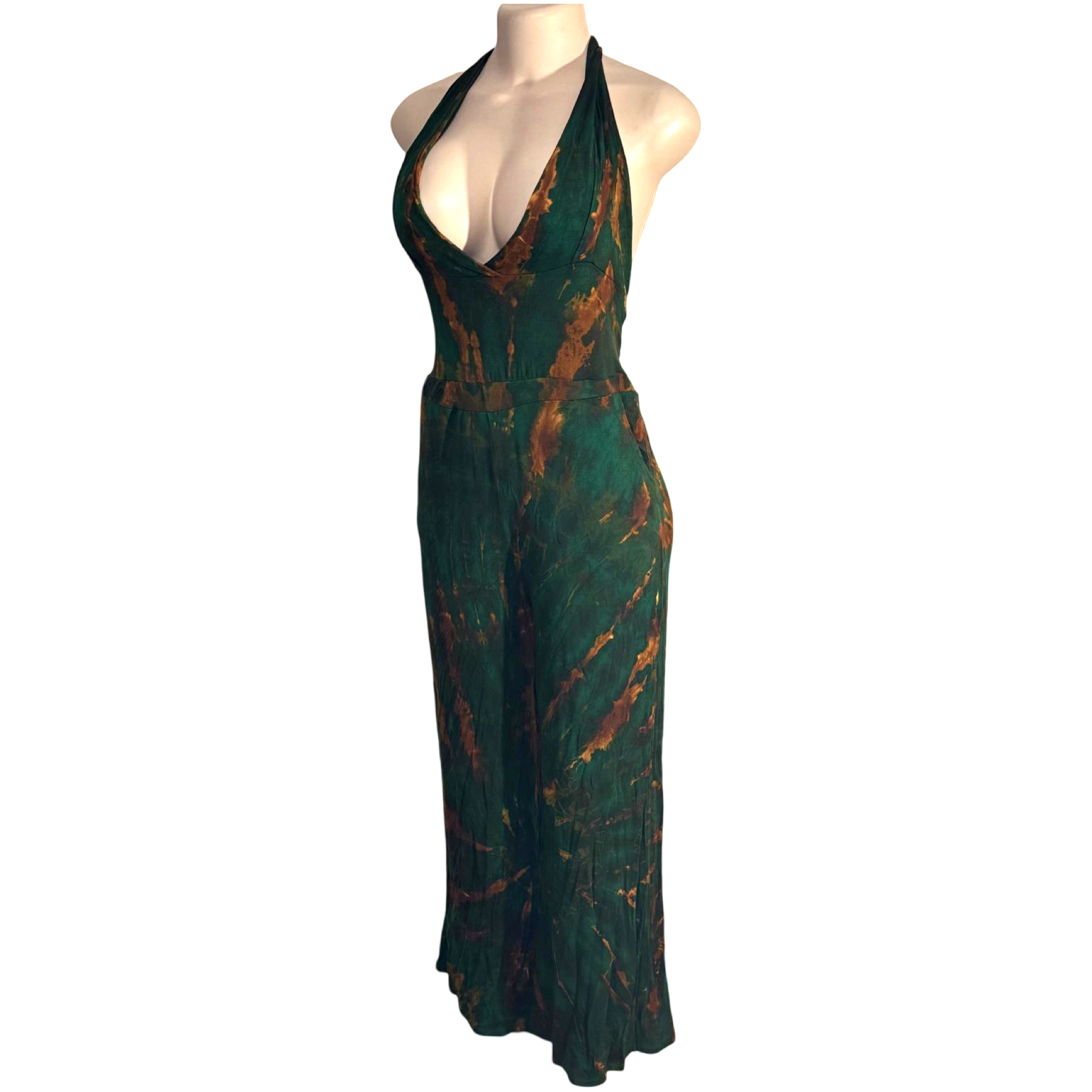 Jumpsuit - Tie Dye Jumper Deep V Halter / Green-Gold