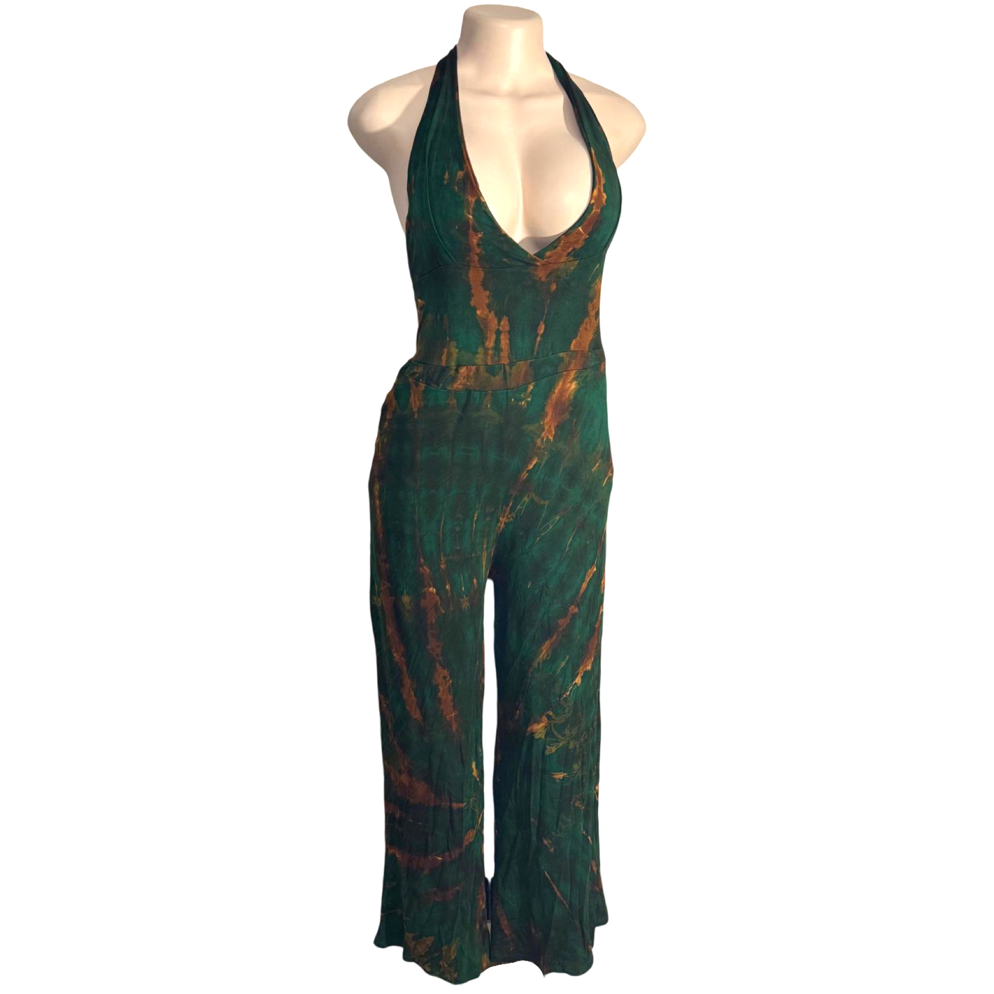 Jumpsuit - Tie Dye Jumper Deep V Halter / Green-Gold