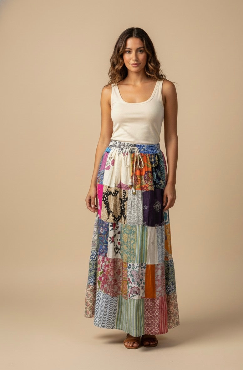 Boho Patchwork Maxi Skirt – Colorful Handmade Flowing Skirt