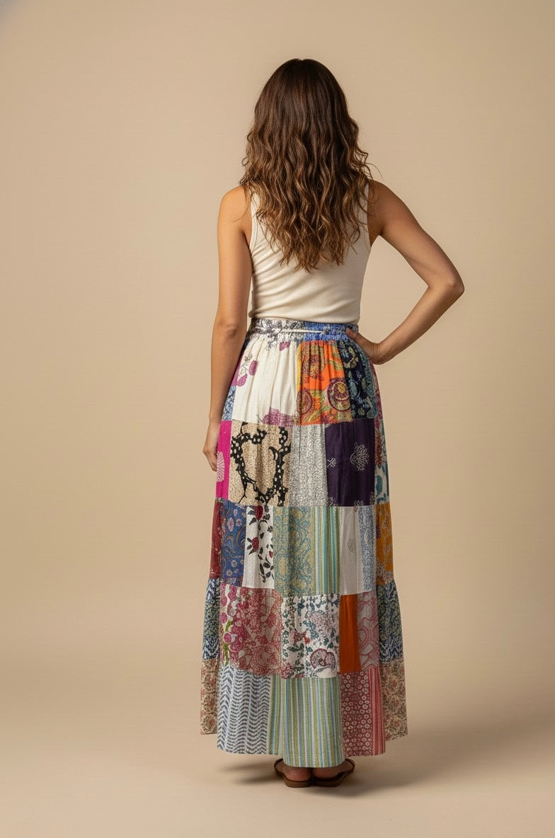 Boho Patchwork Maxi Skirt – Colorful Handmade Flowing Skirt