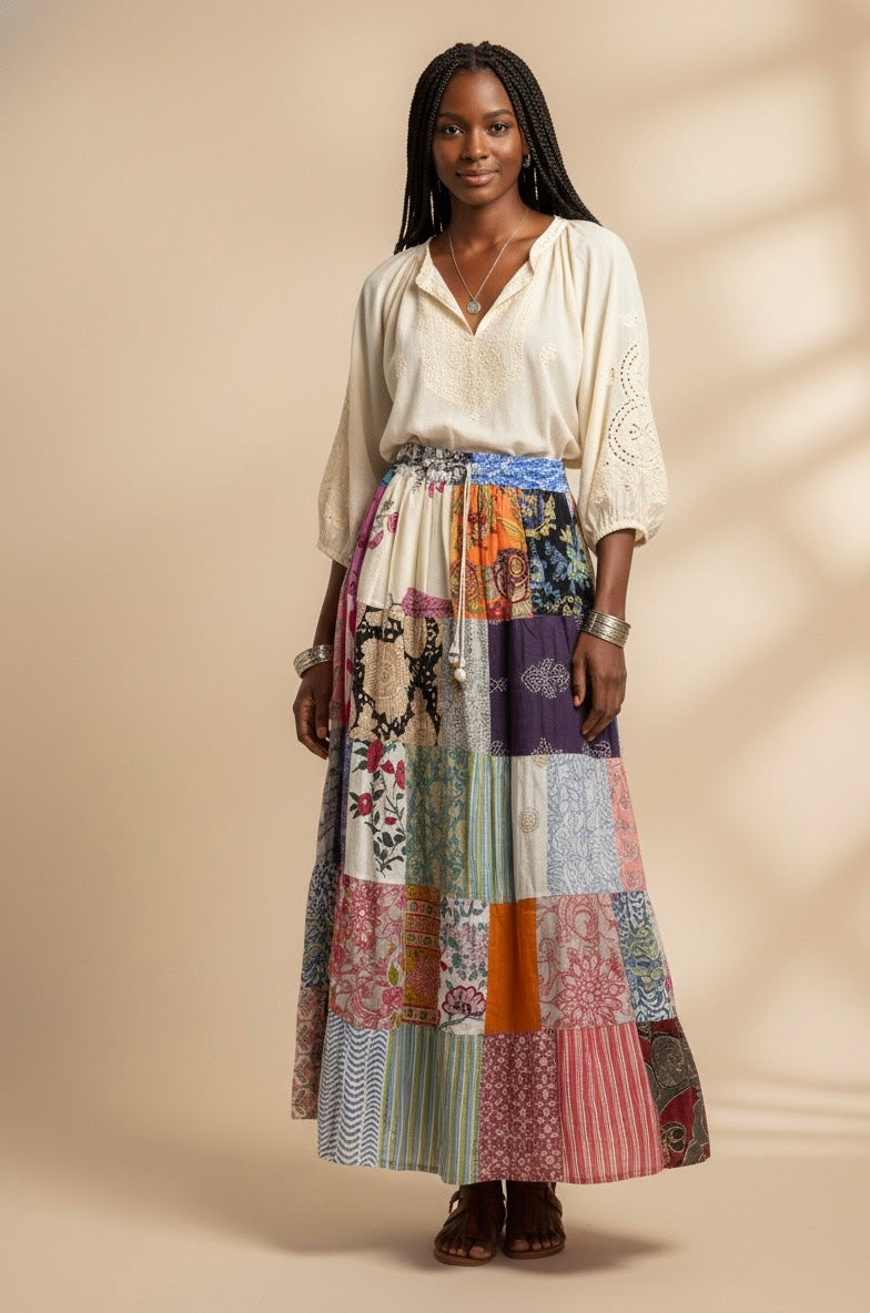 Boho Patchwork Maxi Skirt – Colorful Handmade Flowing Skirt