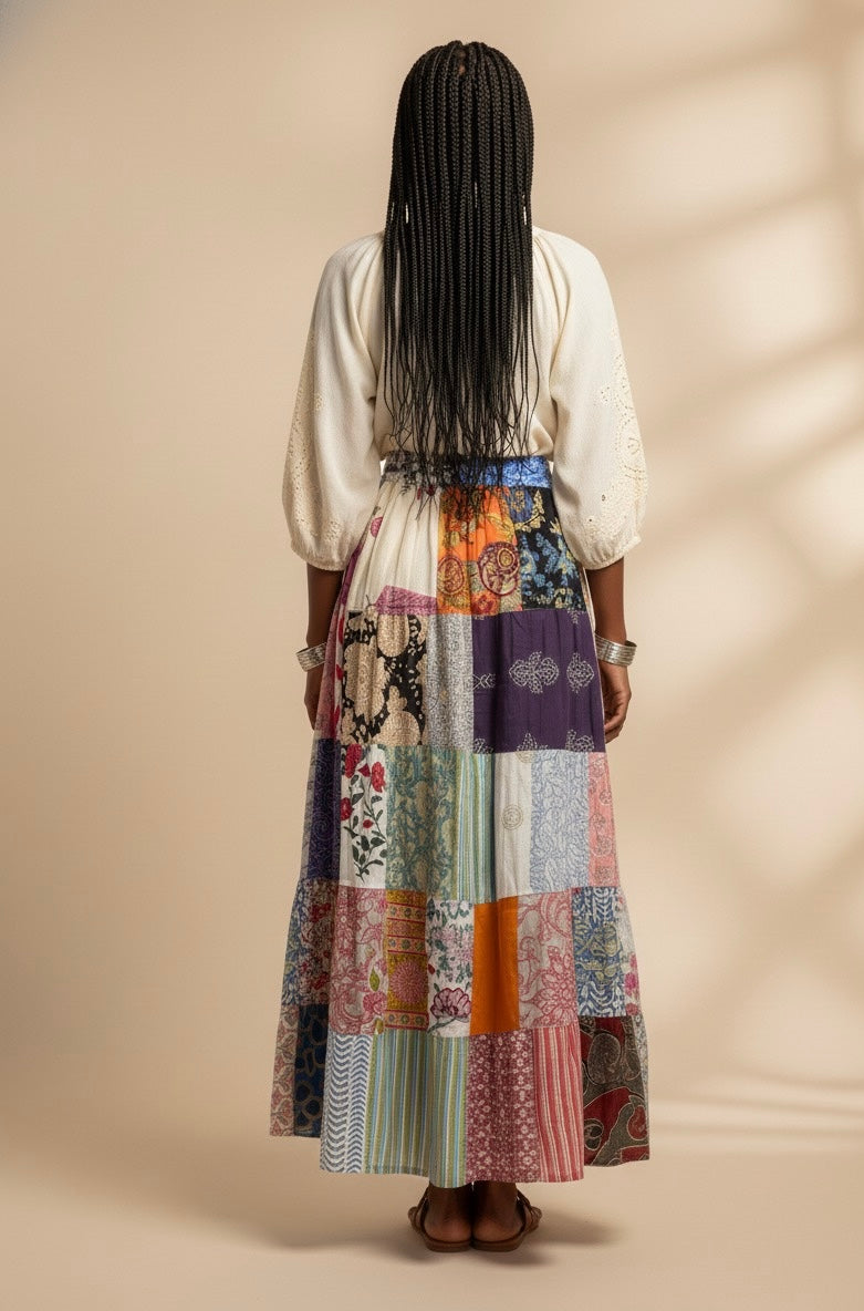 Boho Patchwork Maxi Skirt – Colorful Handmade Flowing Skirt