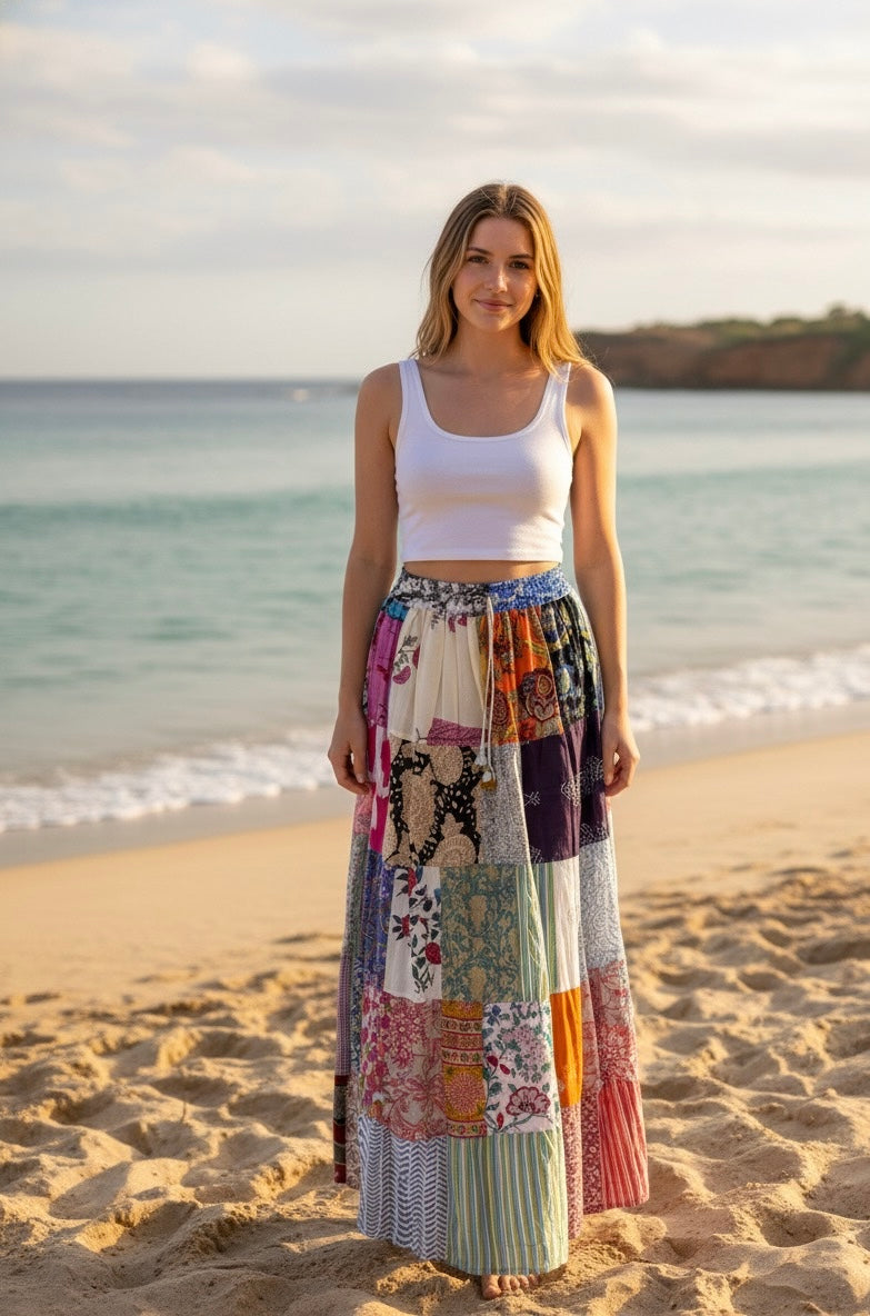 Boho Patchwork Maxi Skirt – Colorful Handmade Flowing Skirt