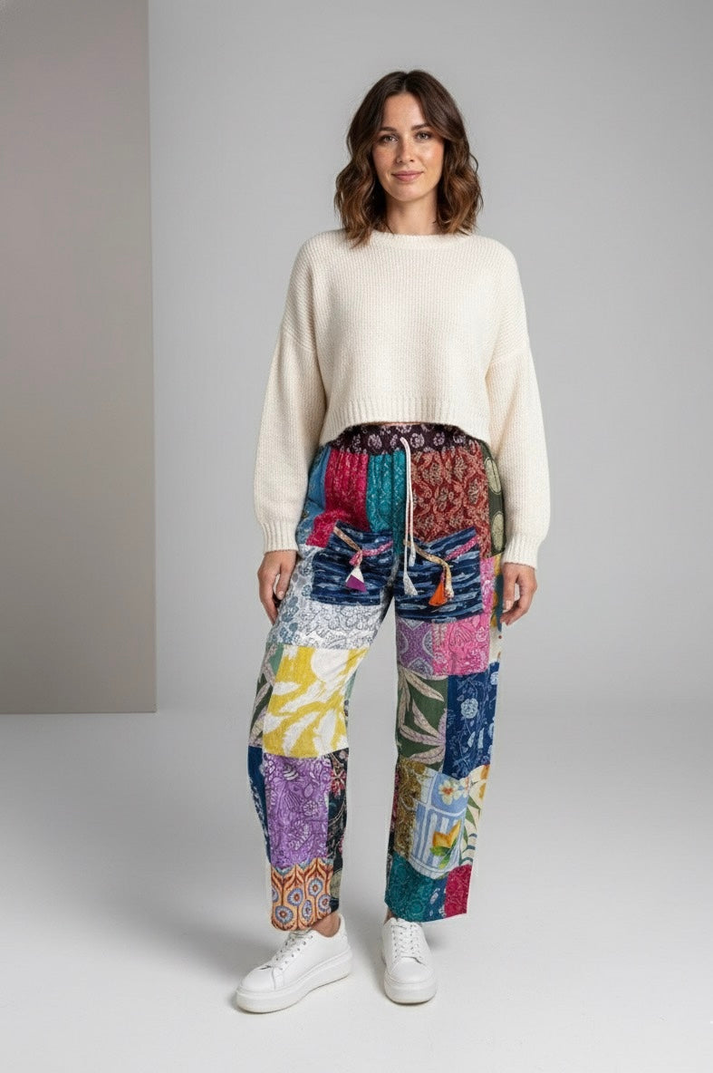 Boho Patchwork Straight-Leg Pants – Colorful Handmade Mixed Prints