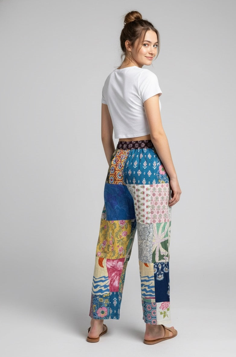 Boho Patchwork Straight-Leg Pants – Colorful Handmade Mixed Prints