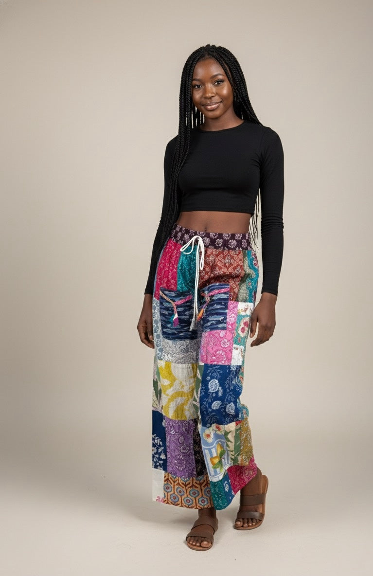 Boho Patchwork Straight-Leg Pants – Colorful Handmade Mixed Prints