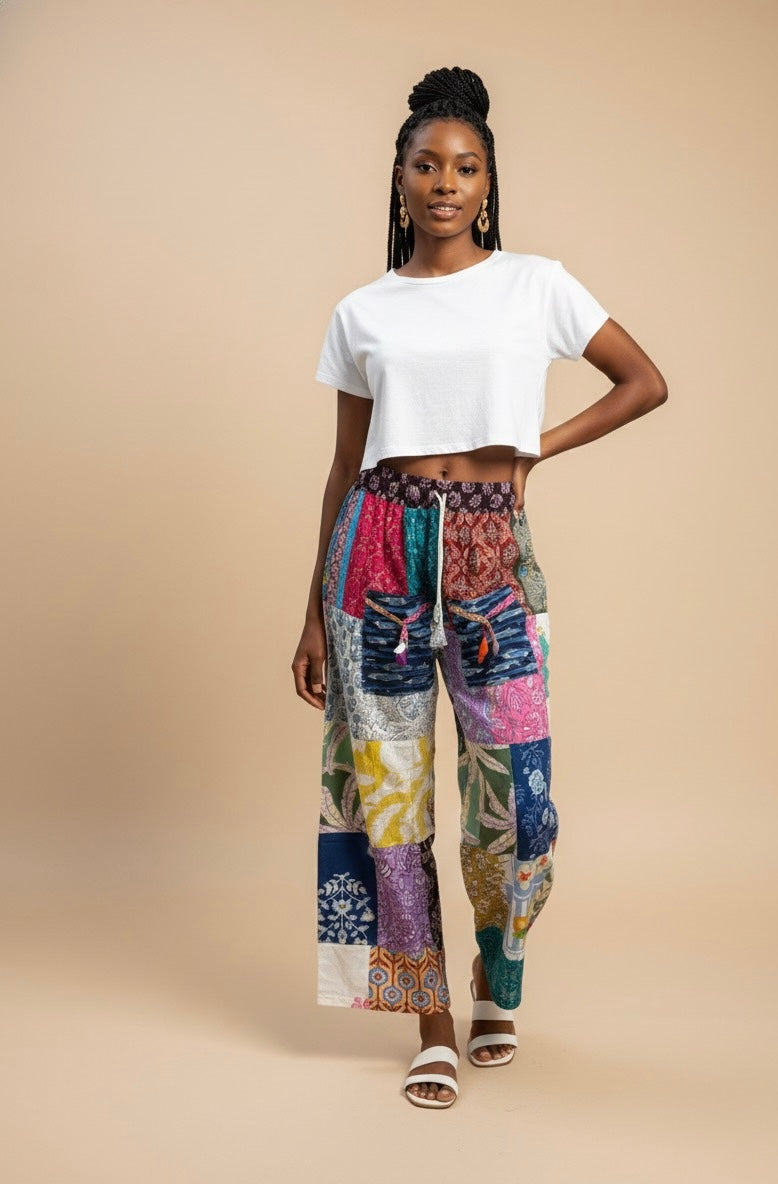 Boho Patchwork Straight-Leg Pants – Colorful Handmade Mixed Prints