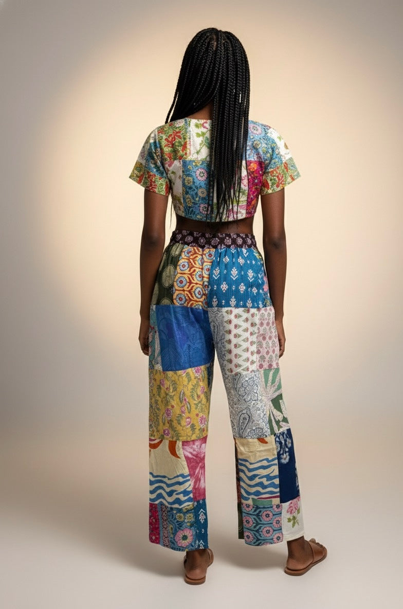 Boho Patchwork Straight-Leg Pants – Colorful Handmade Mixed Prints
